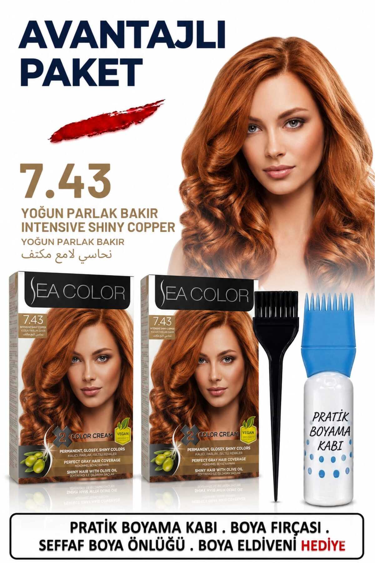 Sea Color Set Saç Boyası 7.43 Yoğun Parlak Bakır 2 Li 2 Kutu+Pratik Boya Kabı — نارنجی sea789