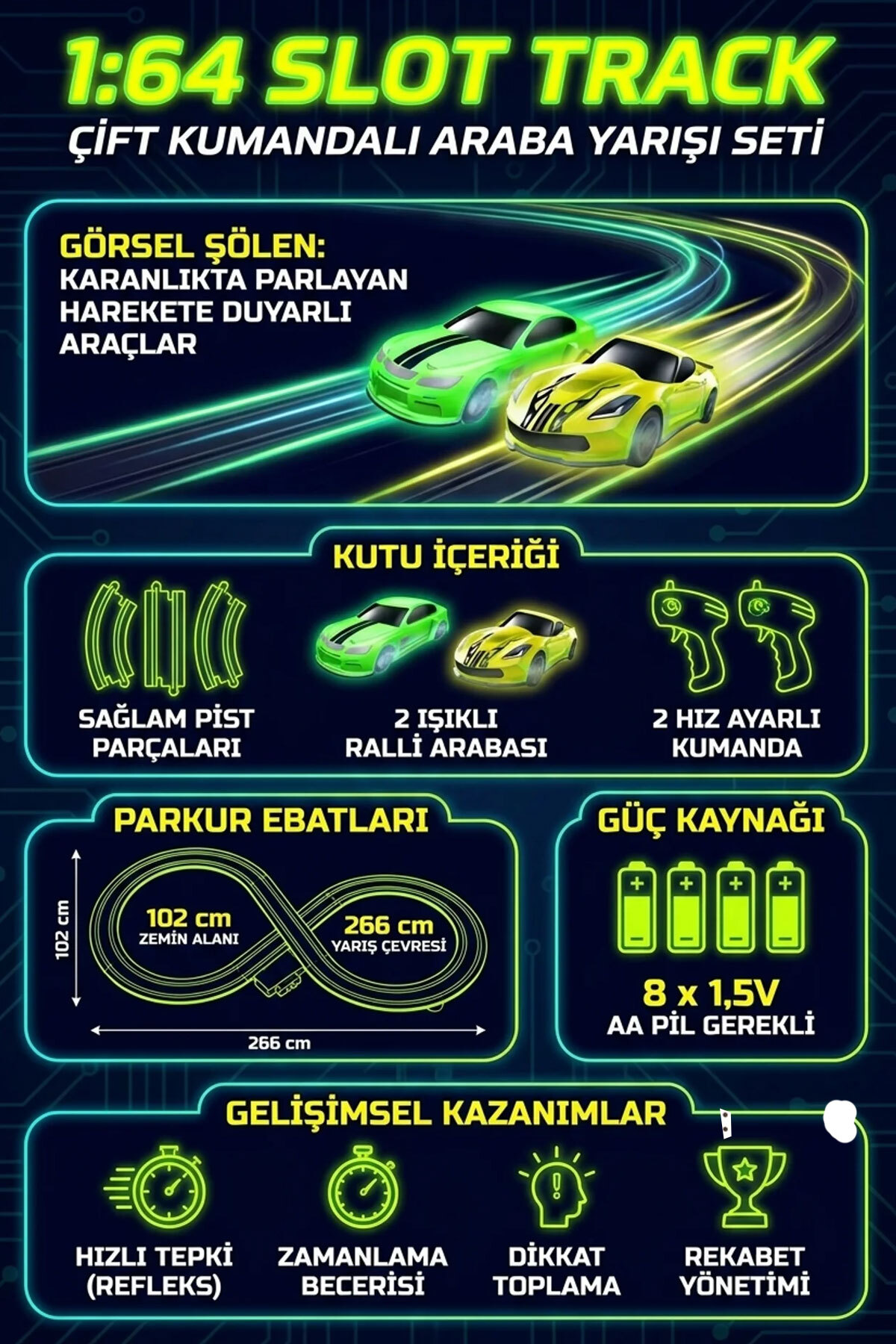 Feyza Oyuncak 1:64 Ölçekli Karanlıkta Parlayan Işıklı Yarış Pisti