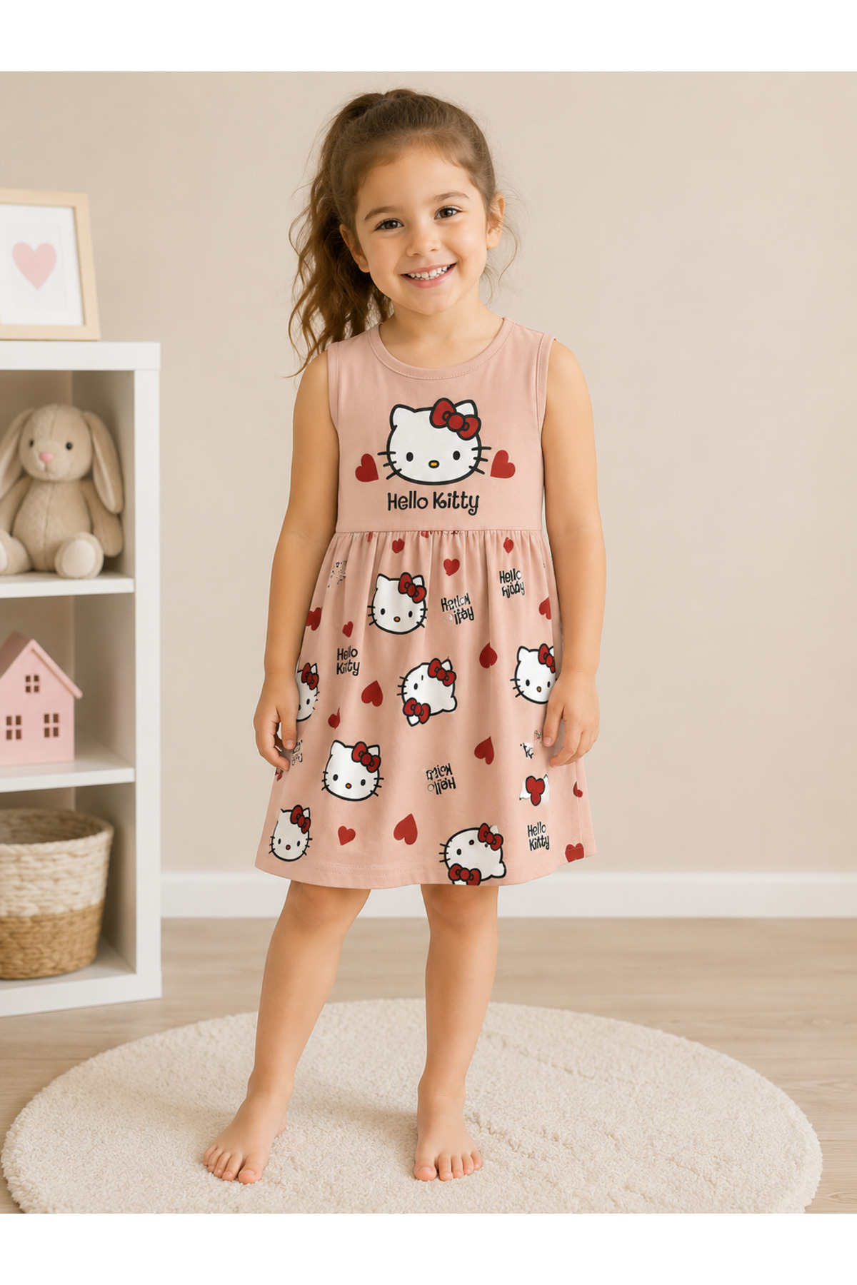 Kinora Kids Hello Kitty Baskılı Kız Çocuk Elbise - Pudra 1-5 Yaş
