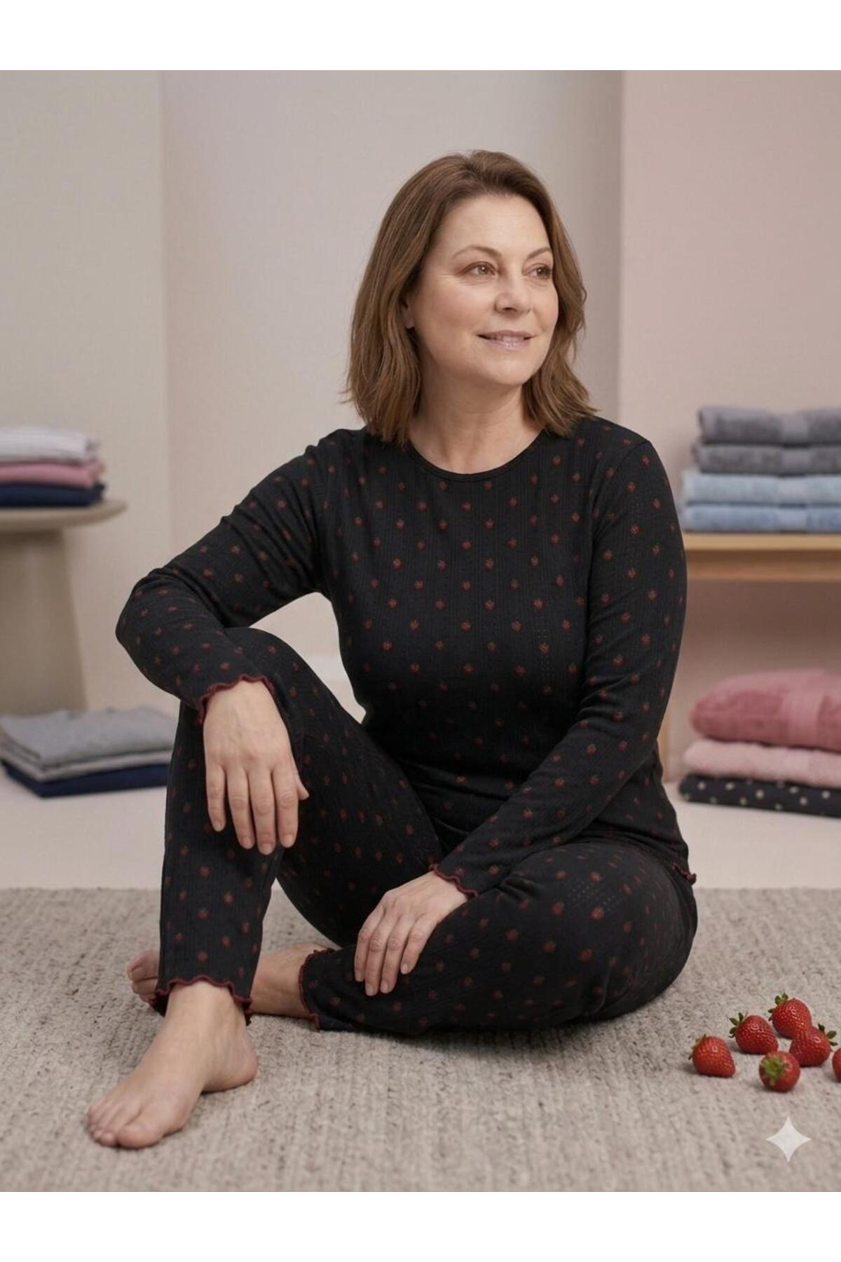 fameshomewear Yazlık Örme Kalp Desenli Siyah Kol Büyük Beden Pudra Pijama Takım görsel 3