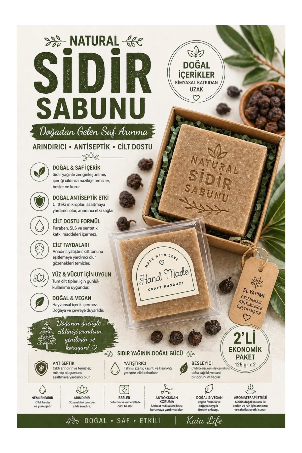 Kaia Life Doğal Sidir (Sidre) Sabunu 125 Gr x 2 Adet | Arındırıcı, Antiseptik Etkili ve Cilt Temizleyici El Yapımı Bitkisel Sabun 🌿🧼