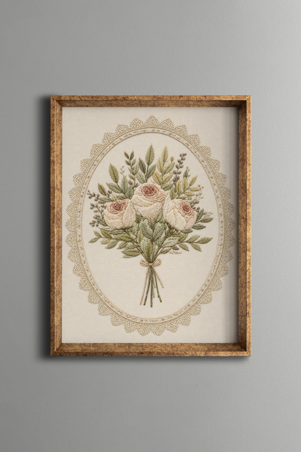 Pastel Roses with Embroidery Look - Vintage Pattern Frame - Slim Model