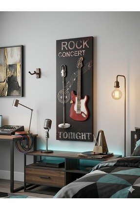 HEDİYE İŞLERİ Dekoratif Gerçek Gitar Ve Mikrofon Tasarımlı Duvar Tablosu - Ro...