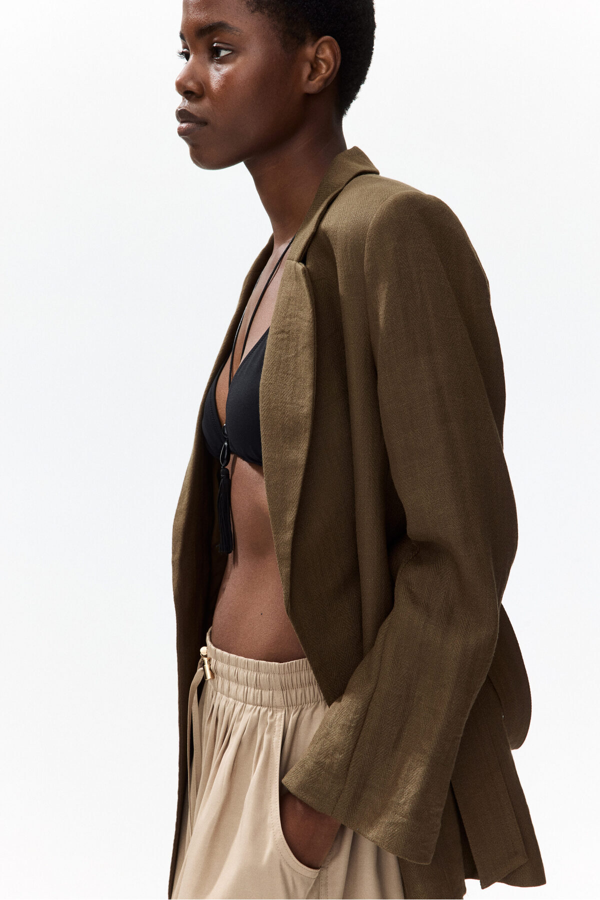 H&M  Kuşaklı Tekstüre Dokuma Blazer - Görsel 5