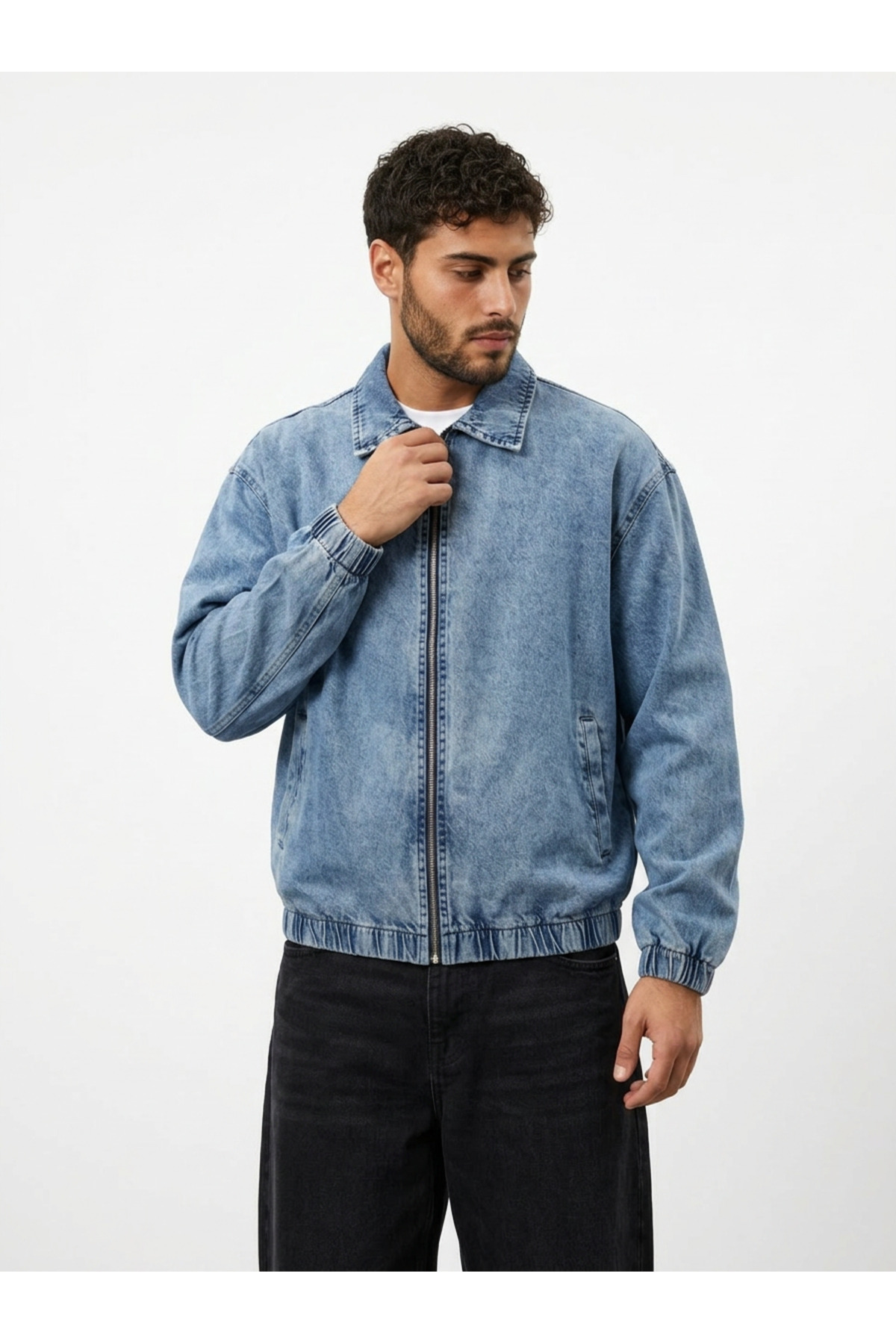 maroni Erkek Oversize Bomber Ceket Fermuarlı Basic Günlük Şık Kot Ceket görsel 3