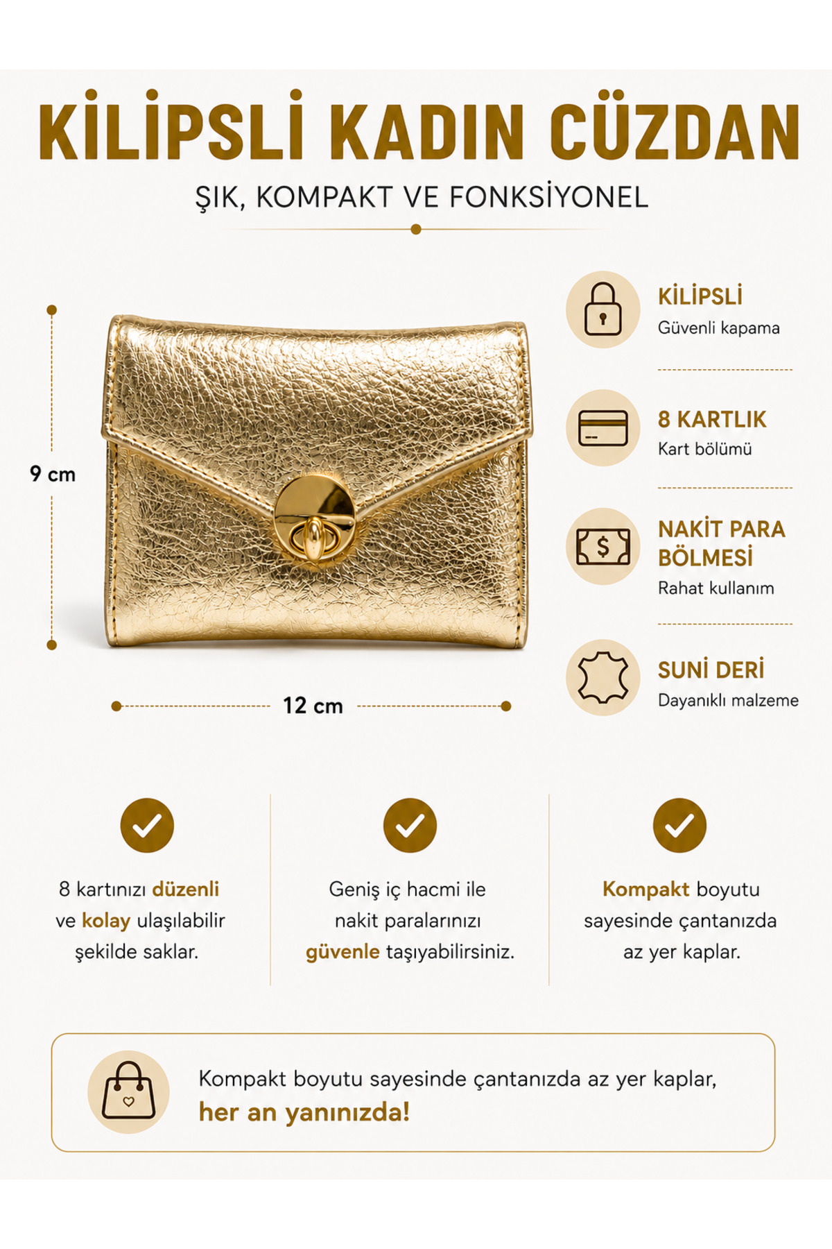 dericom Kadın Gold Mini Kilitli Şık Kompakt Cüzdan Kartlık görsel 2