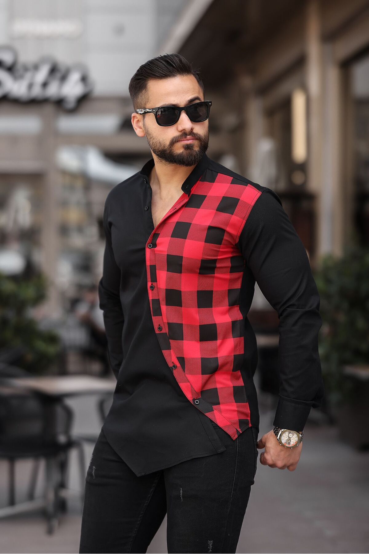 Ekose Detaylı Asimetrik Kesim Erkek Slim Fit Gömlek — مشکی BAYIM EKOSE DETAYLI ASİMETRİK — تصویر 4 از 5