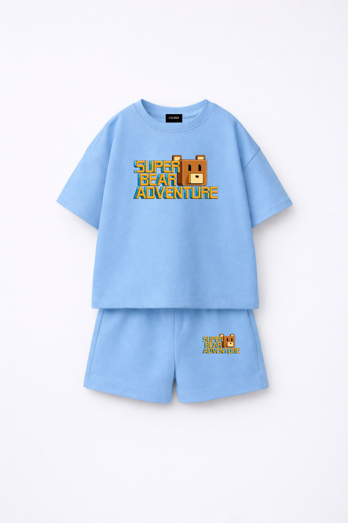 Super Bear Adventure Super Bear Printed Oversize 100% Cotton T-Shirt Shorts 2pcs Kids Set