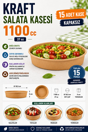 OPTİMEX 1100 cc Kraft Salata Kasesi 15 Adet Kapaksız 37 oz Kraft Doğal Bowl K...