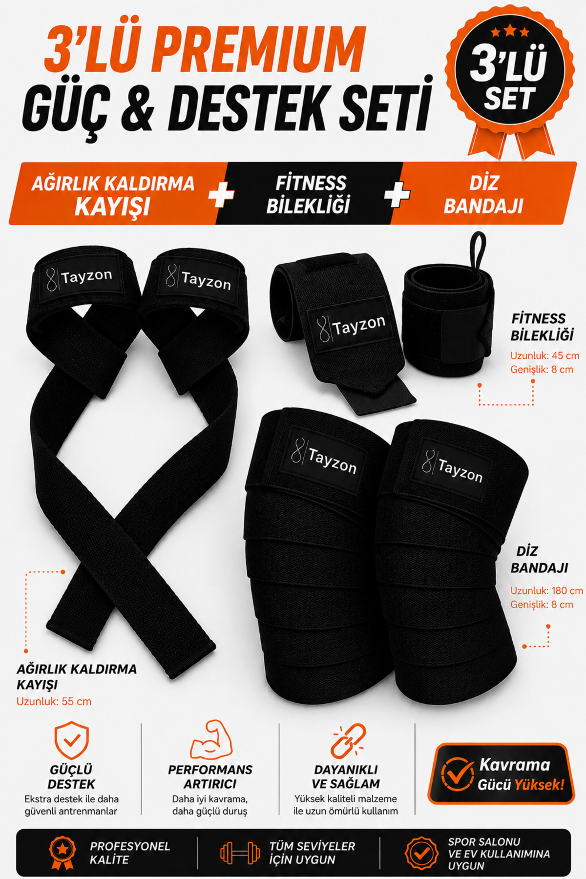 Tayzon 3'lü Powerlifting & Fitness Destek Seti Ağırlık Kaldırma Kayışı + Fitness Bilekliği + Diz Bandajı
