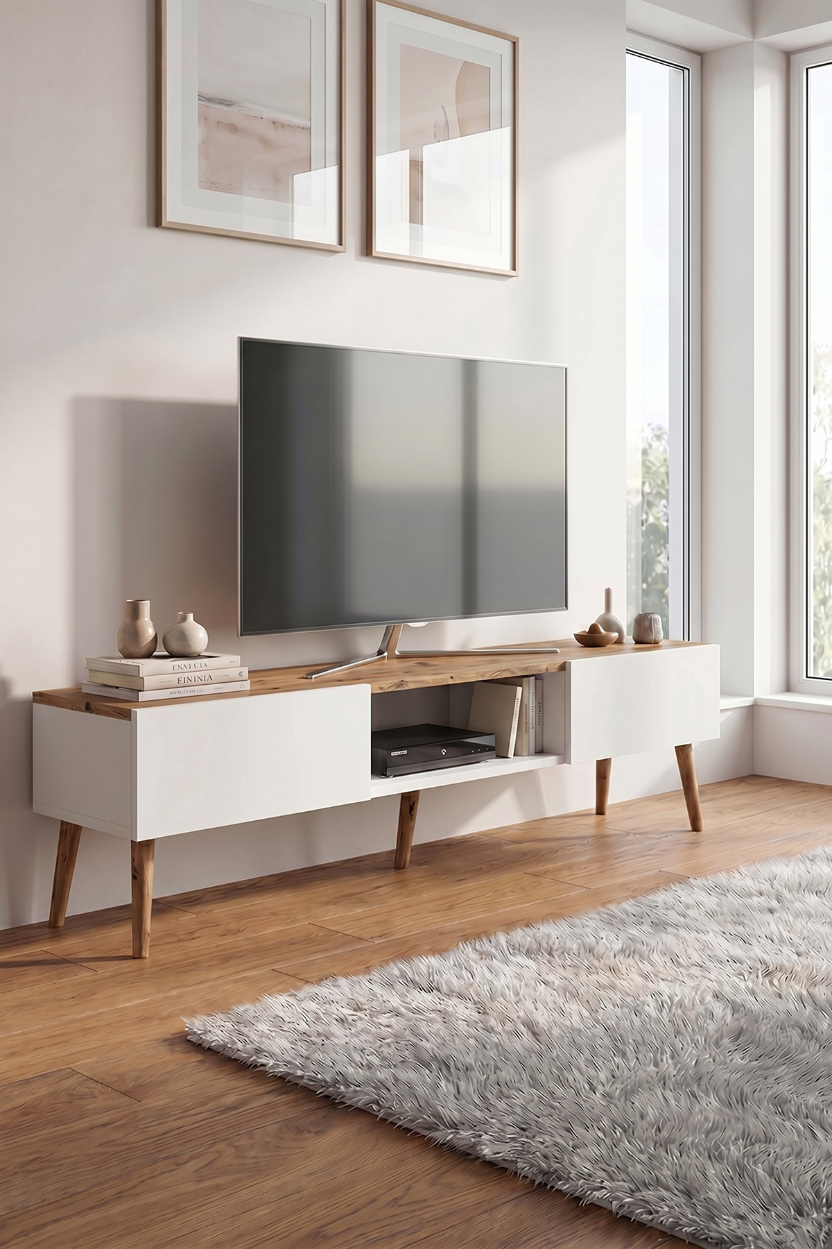 ROBEVE 140 cm Modern TV Ünitesi Konsol 2 Kapaklı Ahşap Ayaklı Televizyon Sehp...