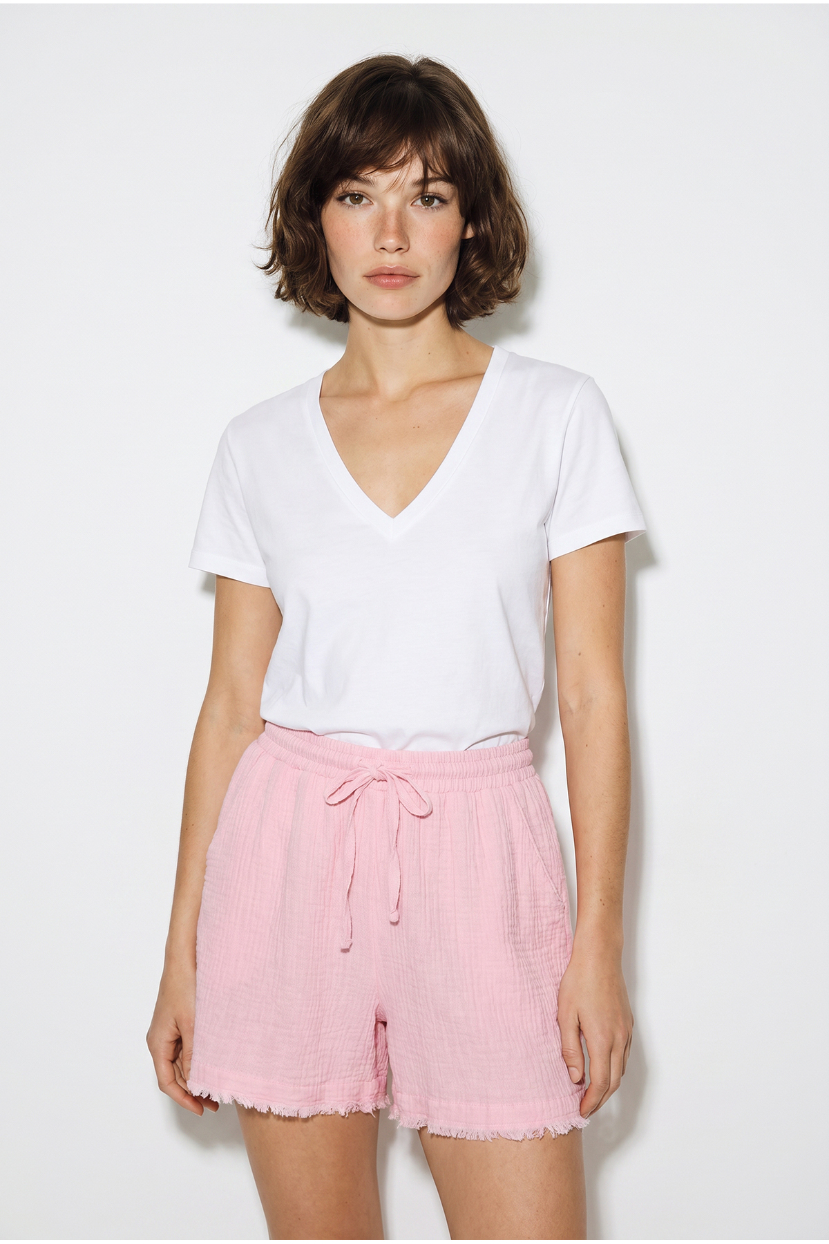 Women's 100% Cotton Elastic Waistband Pocket Detail Muslin Bermuda Shorts YP5525 60286315