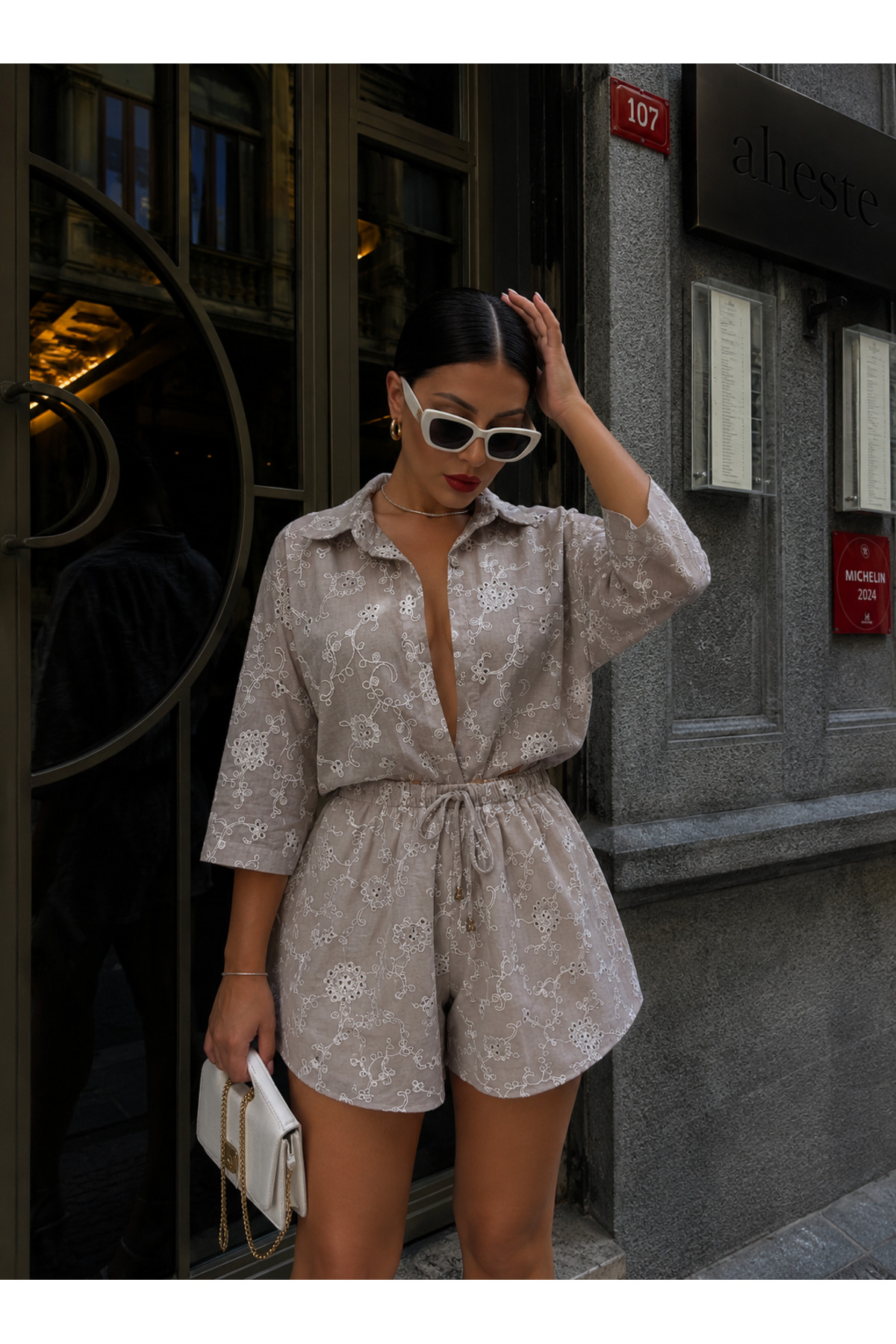 LB Laluna Butik Дамски комплект къси панталони с голяма риза от ленен плат