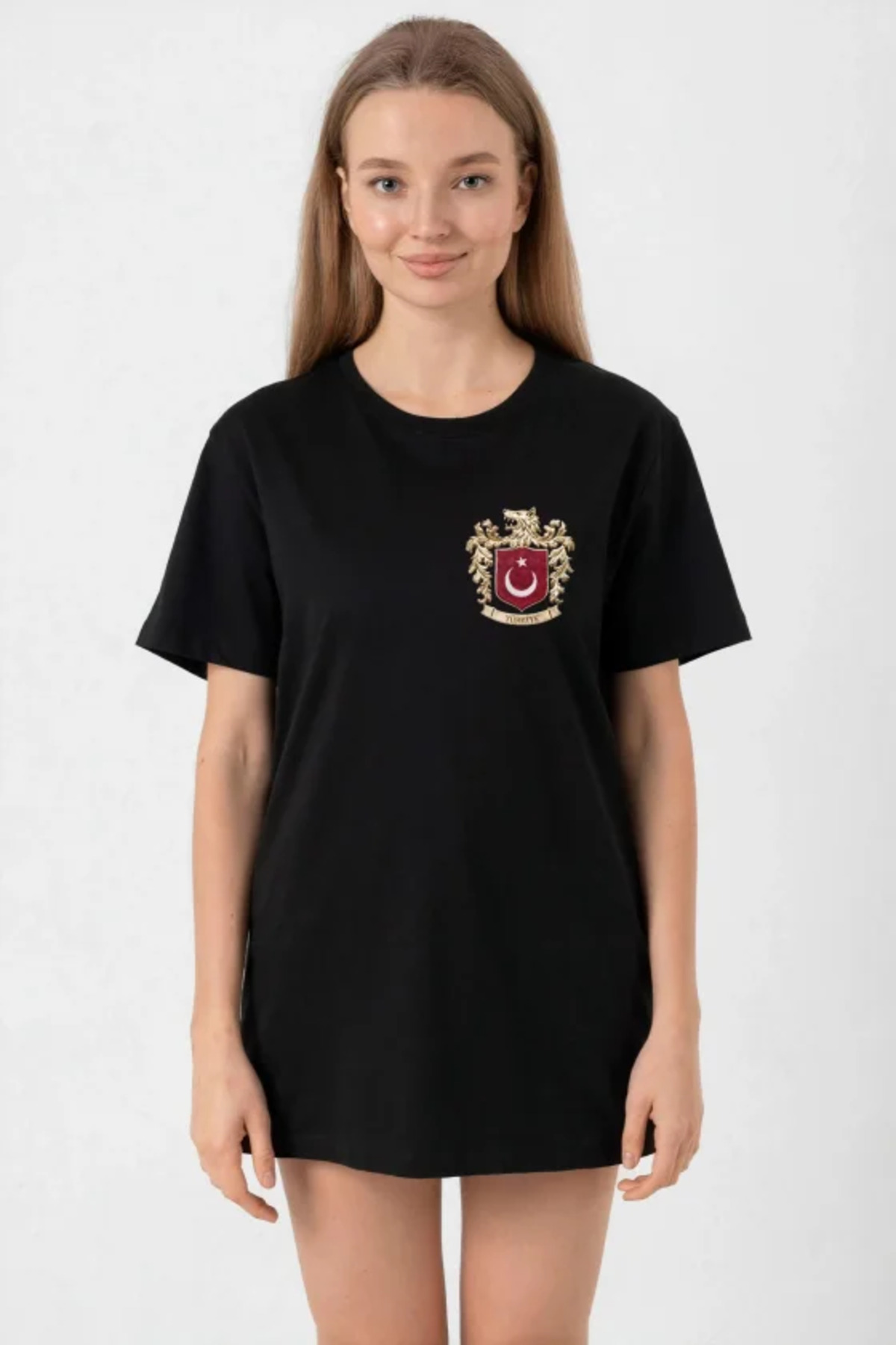 Modayakamoz Turkish Arma Printed Oversize Crew Neck Casual T-Shirt - Black