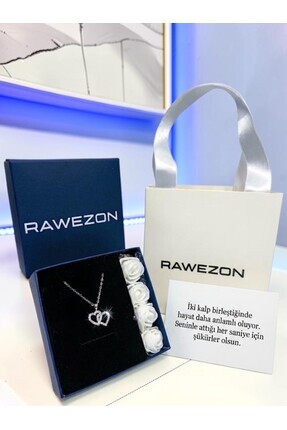 RAWEZON Nerovia Premium Taşlı Çift Kalp Çelik Kolye Seti, Beyaz Güllü Kutulu ...