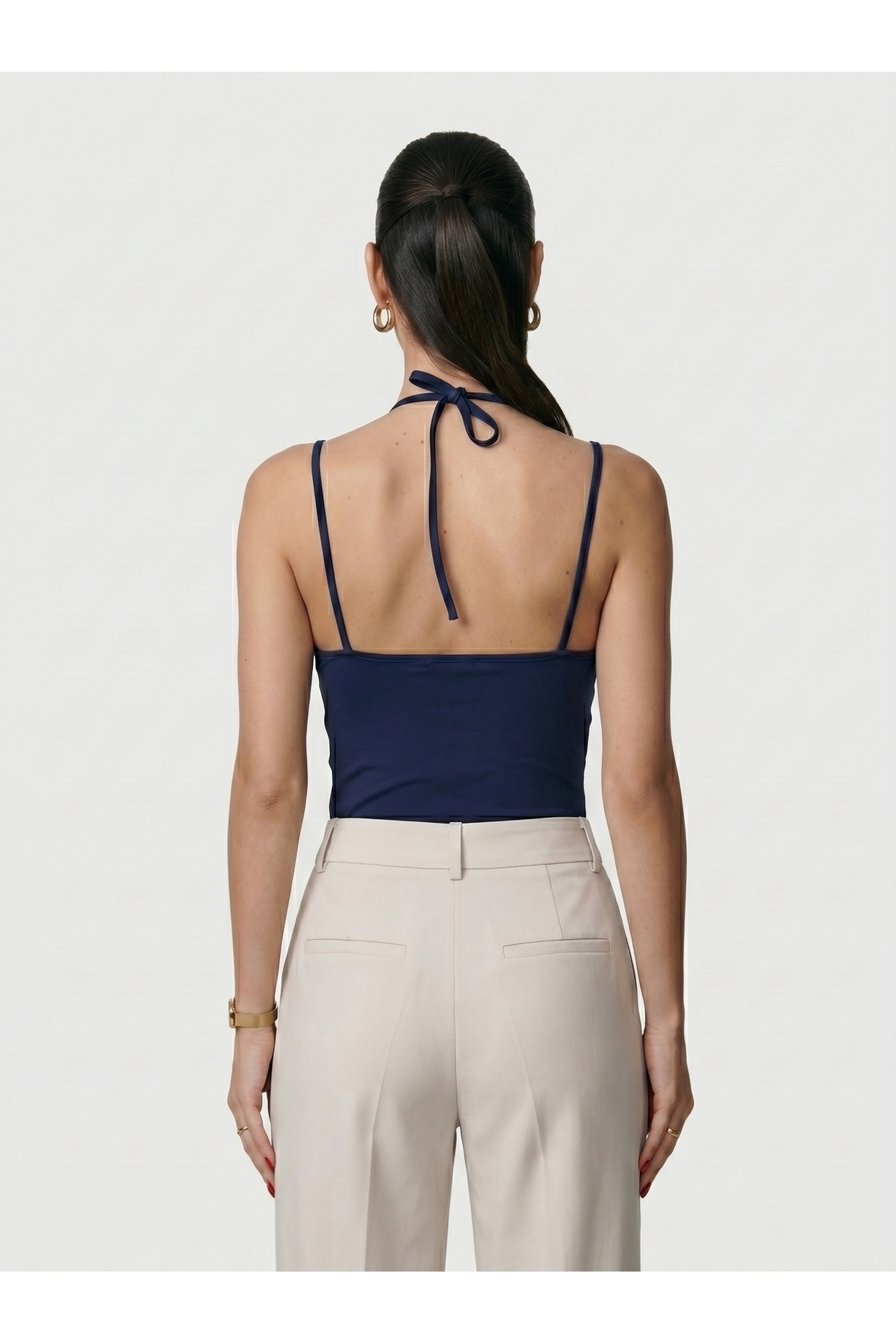 Kadın Dantel Yaka İnce Askılı Çıtçıtlı Body Slim Fit Dar Kalıp Likralı Bodysuit - Lacivert 4