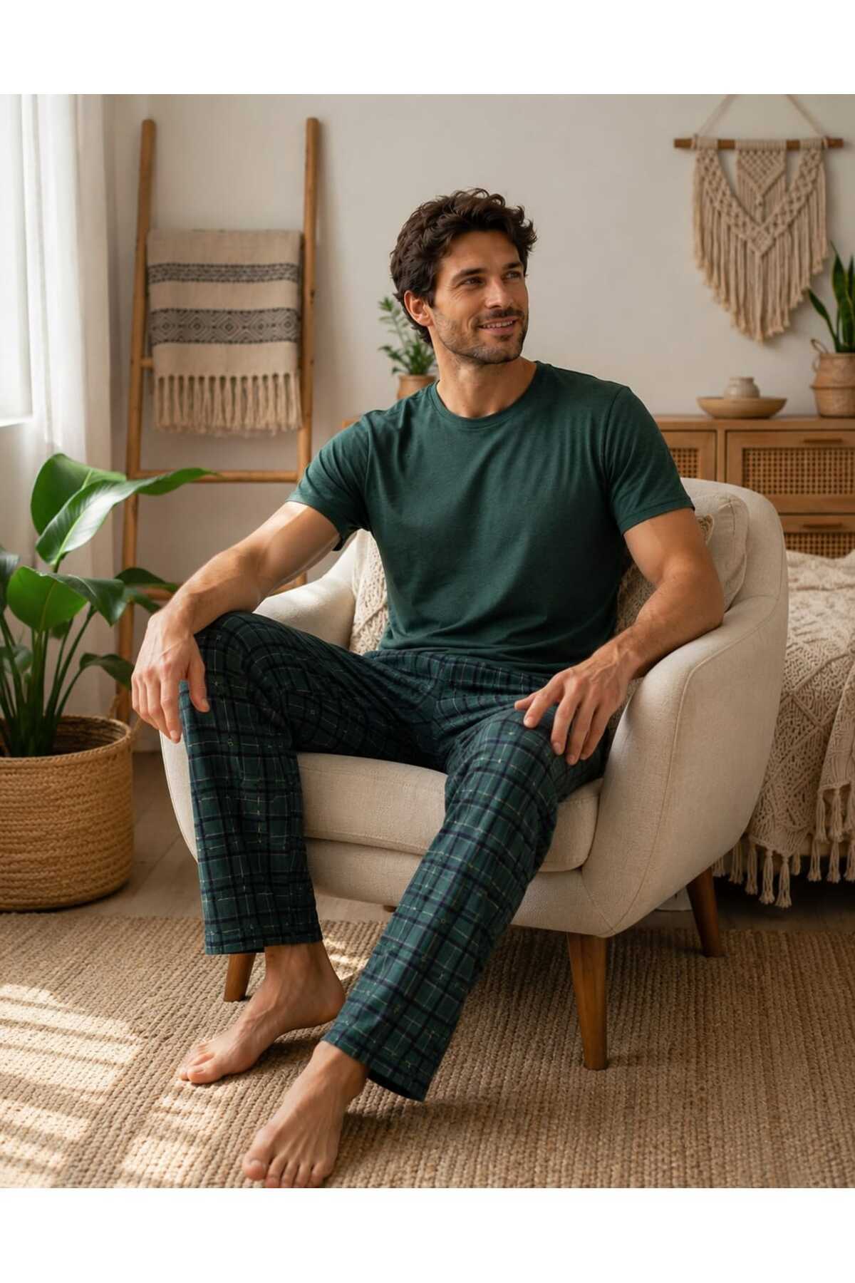 PİJART Erkek Yeşil Ekose Kısa Kollu Pamuklu Pijama Takımı