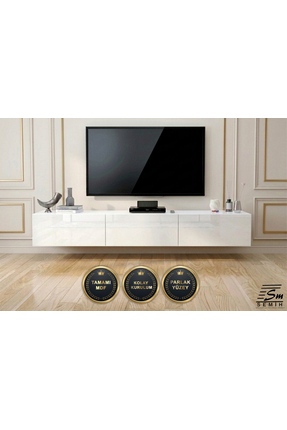 SEMİH MOBİLYA 200 cm Parlak Beyaz Duvara Monte MDF TV Ünitesi, Şık Salon Tasa...