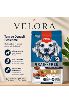 VELORA GRUP Wanpy Tahılsız Sığır Etli Yetişkin Köpek Maması 1,5 Kg – Yüksek P...
