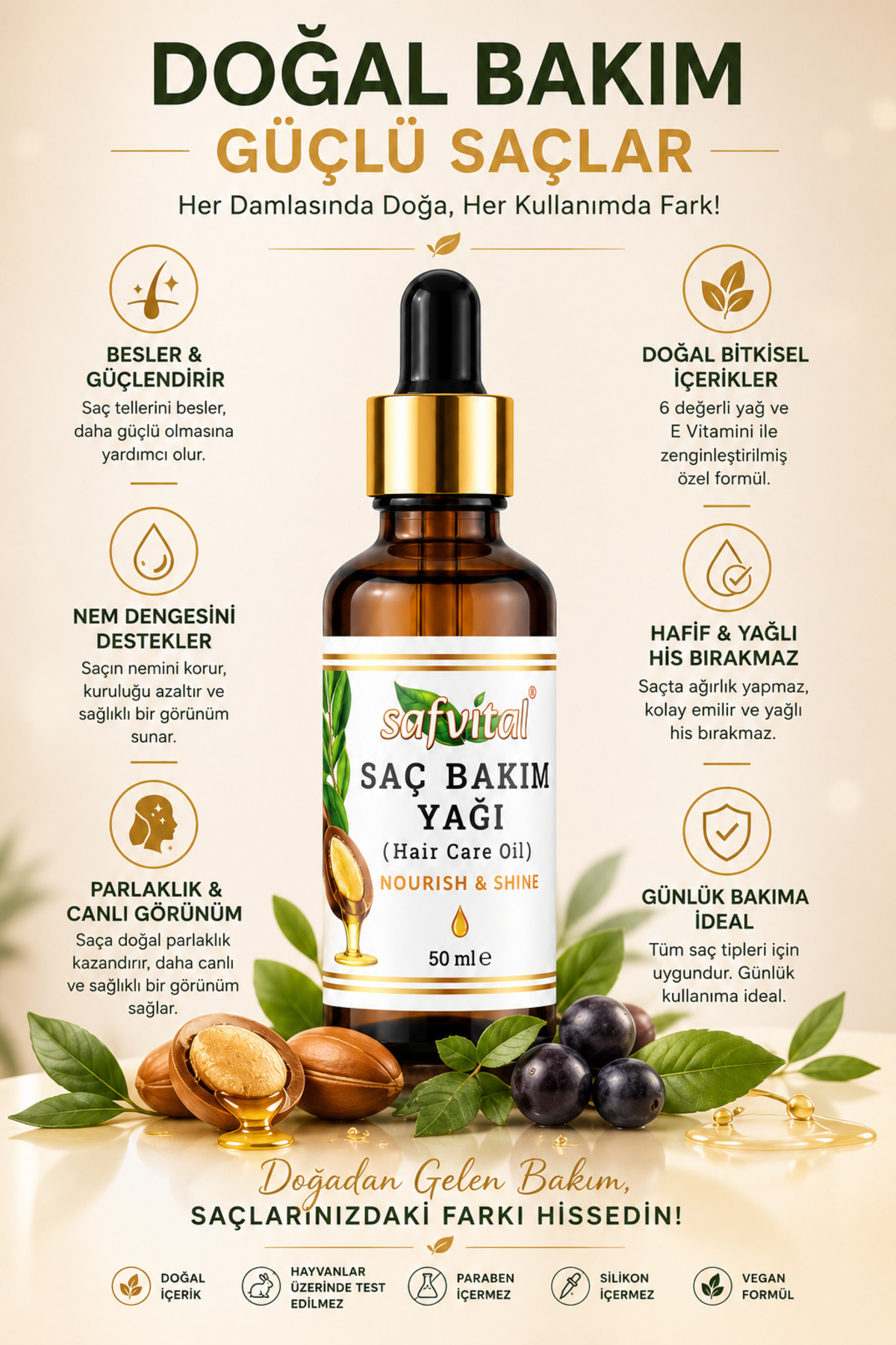 روغن مراقبت از مو ۵۰ میلی‌لیتر حاوی آرگان، جوجوبا، هسته انگور هندی و بادام شیرین. ضد وز، مرطوب‌کننده قوی، براق‌کننده، ظاهری نرم. مغذی و تقویت‌کننده انتهای مو. سرم ویتامین E — safvital-haircare-oil-20ml — تصویر 7 از 9