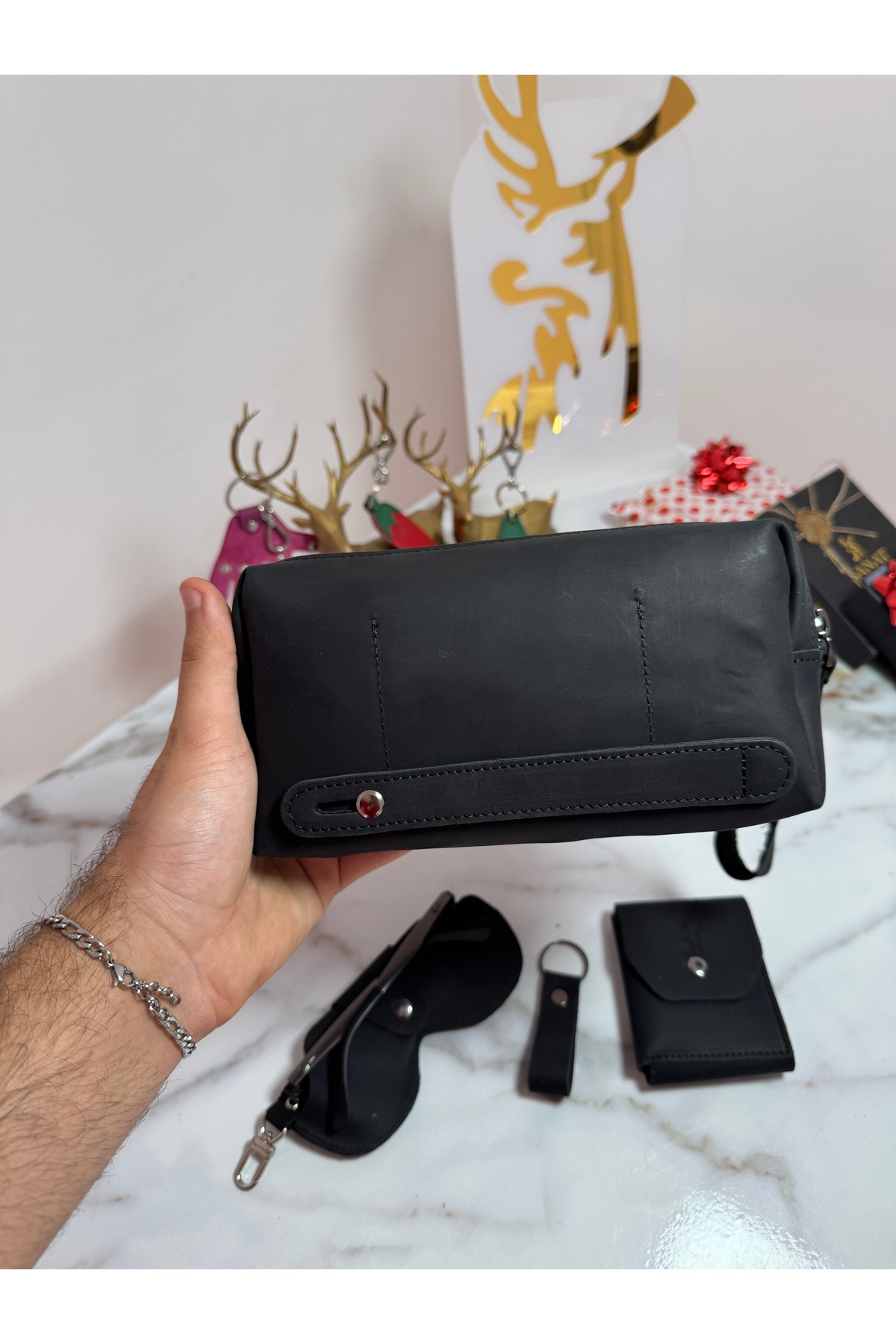 SANAT %100 Hakiki Crazy Deri Minimalist 5'li Aksesuar Seti El Çantası - Cüzdan - Kartlık - Gözlük Kılıfı - Anahtarlık Seti görsel 7