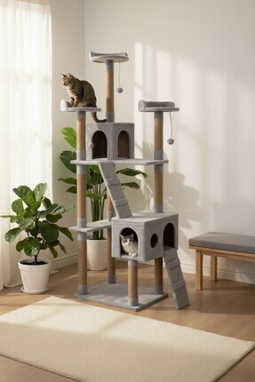 Nursoft Cat City Çok Katlı Kedi Evi ve Oyun Evi Gri