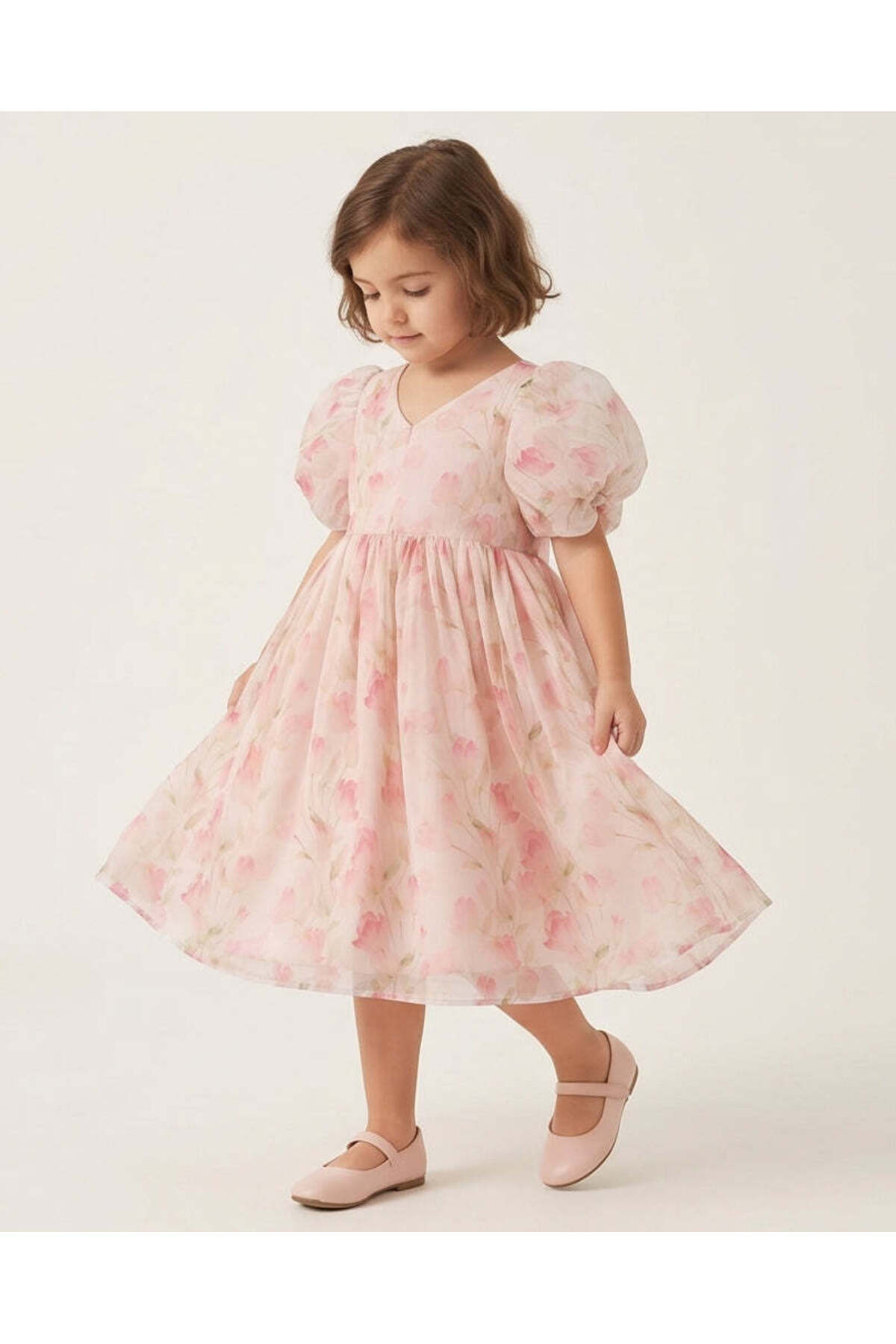 REDTAG Girls Pink Floral Chiffon Dress With Belt
