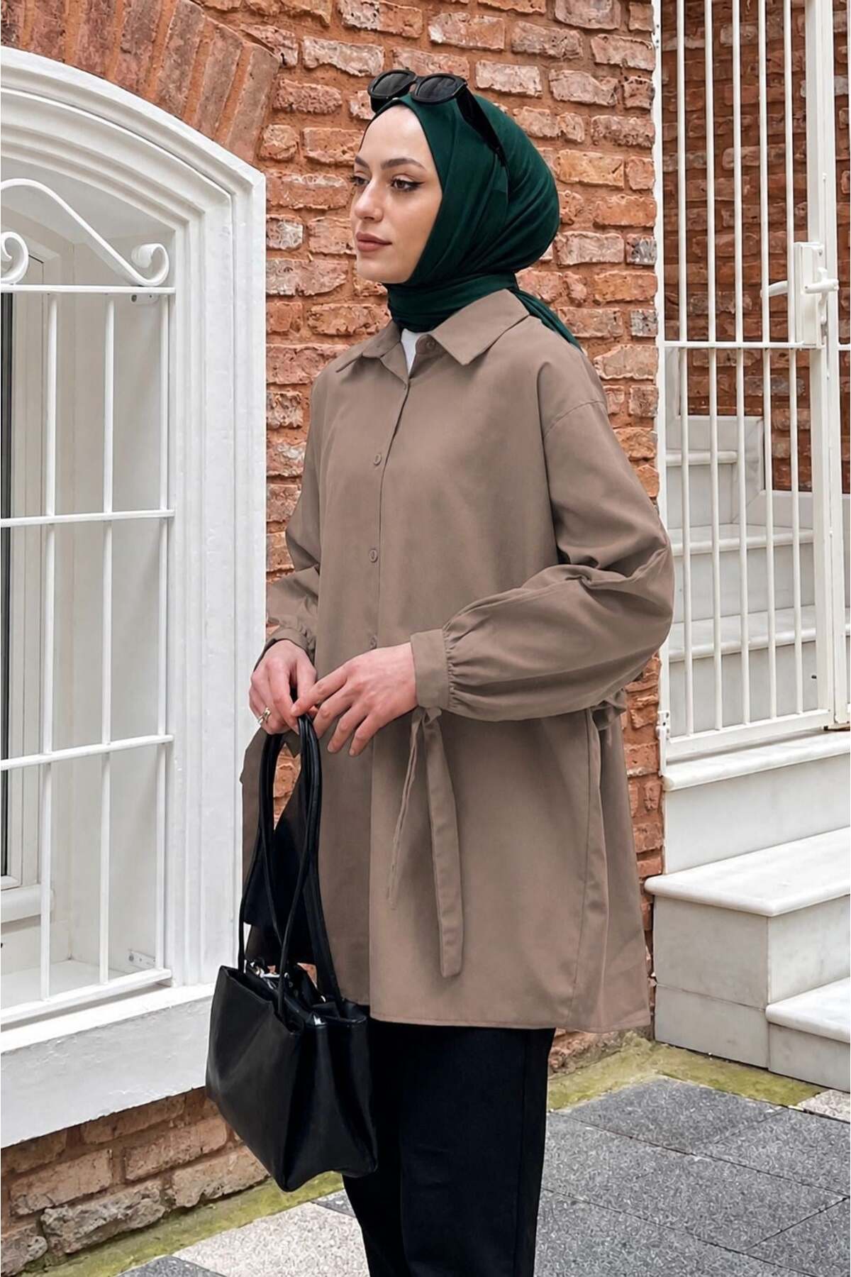 lamelif Kol Detaylı Gömlek Oversize Gömlek Soft Kahve görsel 2