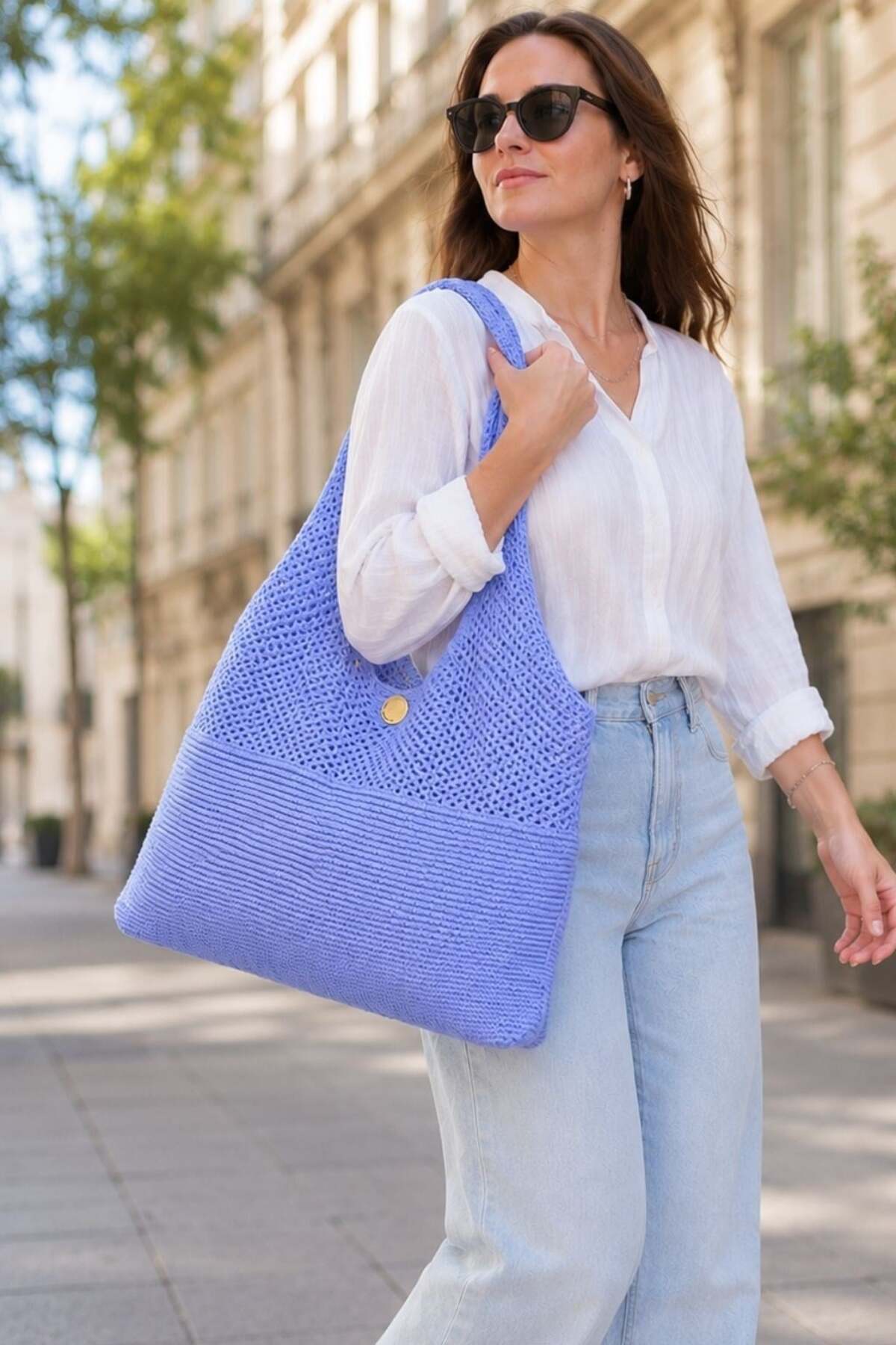 Women Knitwear Casual Shoulder Bag Summer Unlined Steel Knit Bag 2403 Blue