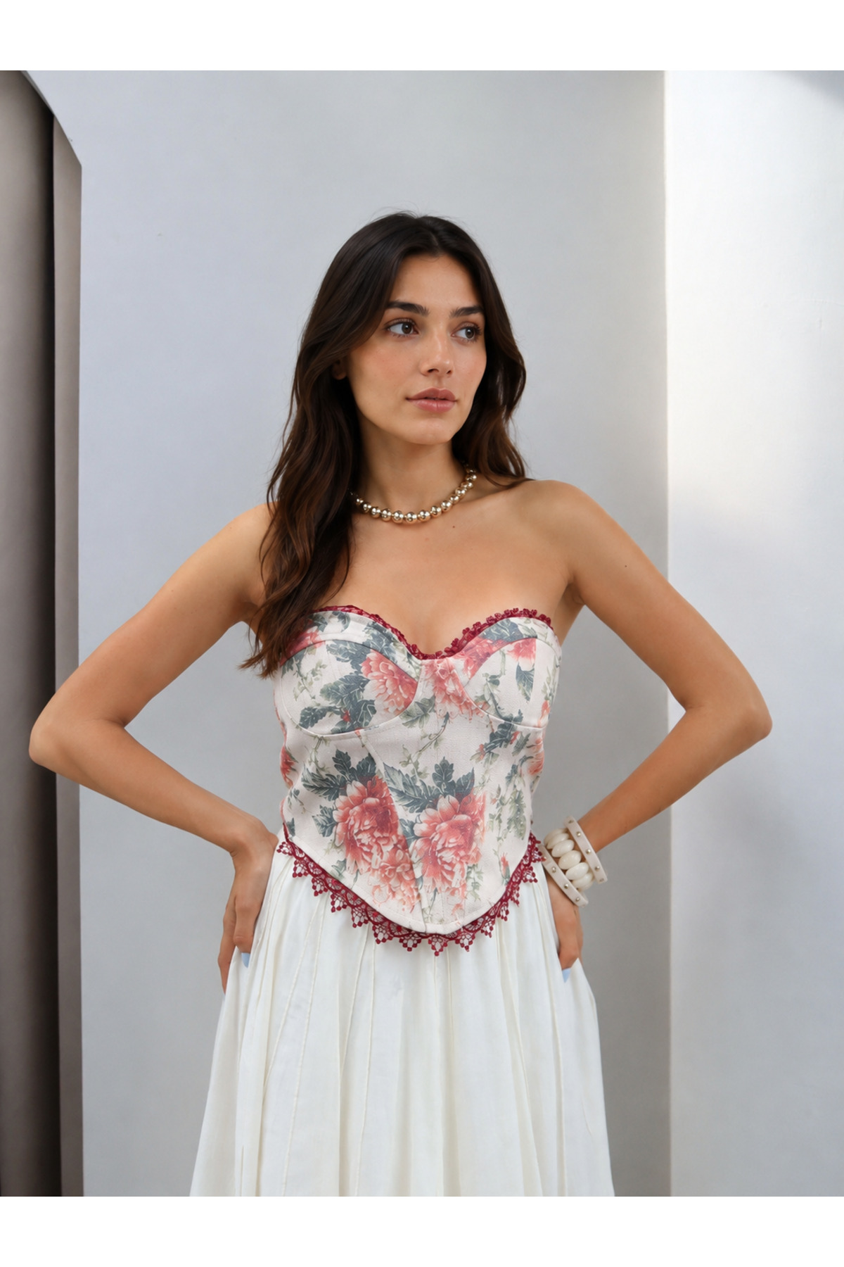 HARMONY GLOBAL Kadın Dokuma Vintage Çiçek Desenli Arkası Bağcıklı Korse Büstiyer görsel 2