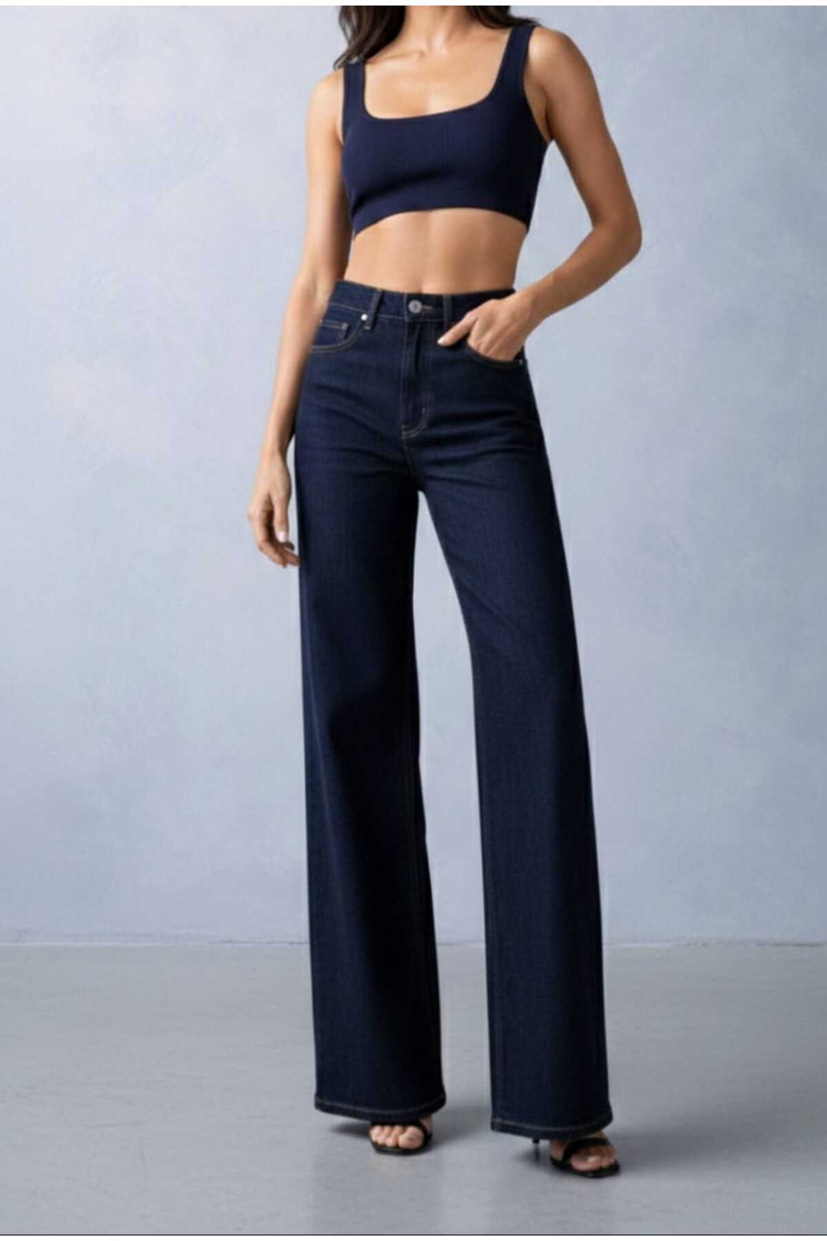 Lighter Jeans Kadın Yüksek Bel Likralı Lacivert Bol Paça Jean Pantolon, Esnek Denim Rahat Kalıp görsel 5