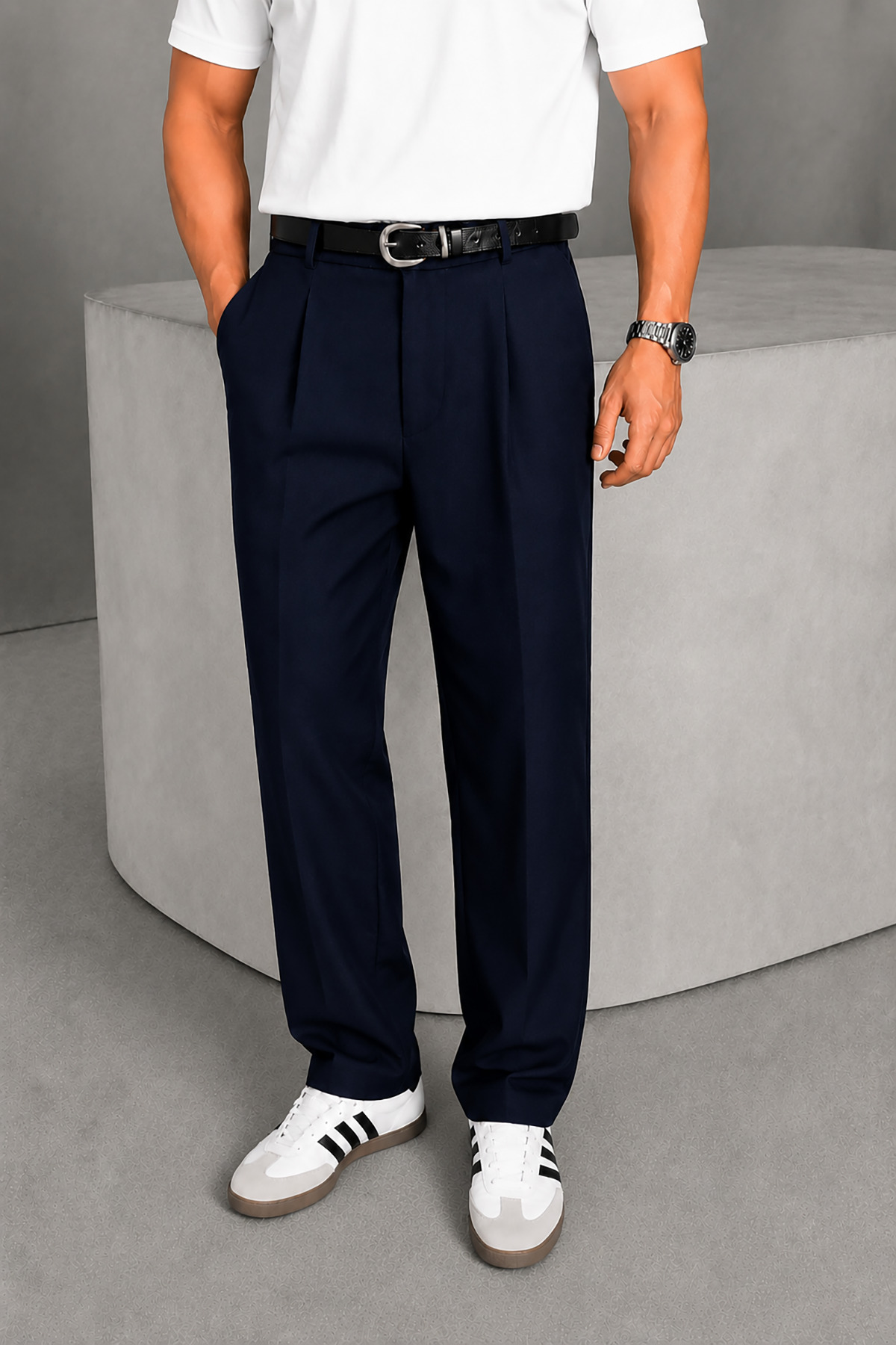 Men's Navy Blue Pleated Detail Timeless Design Premium Fabric Pants
