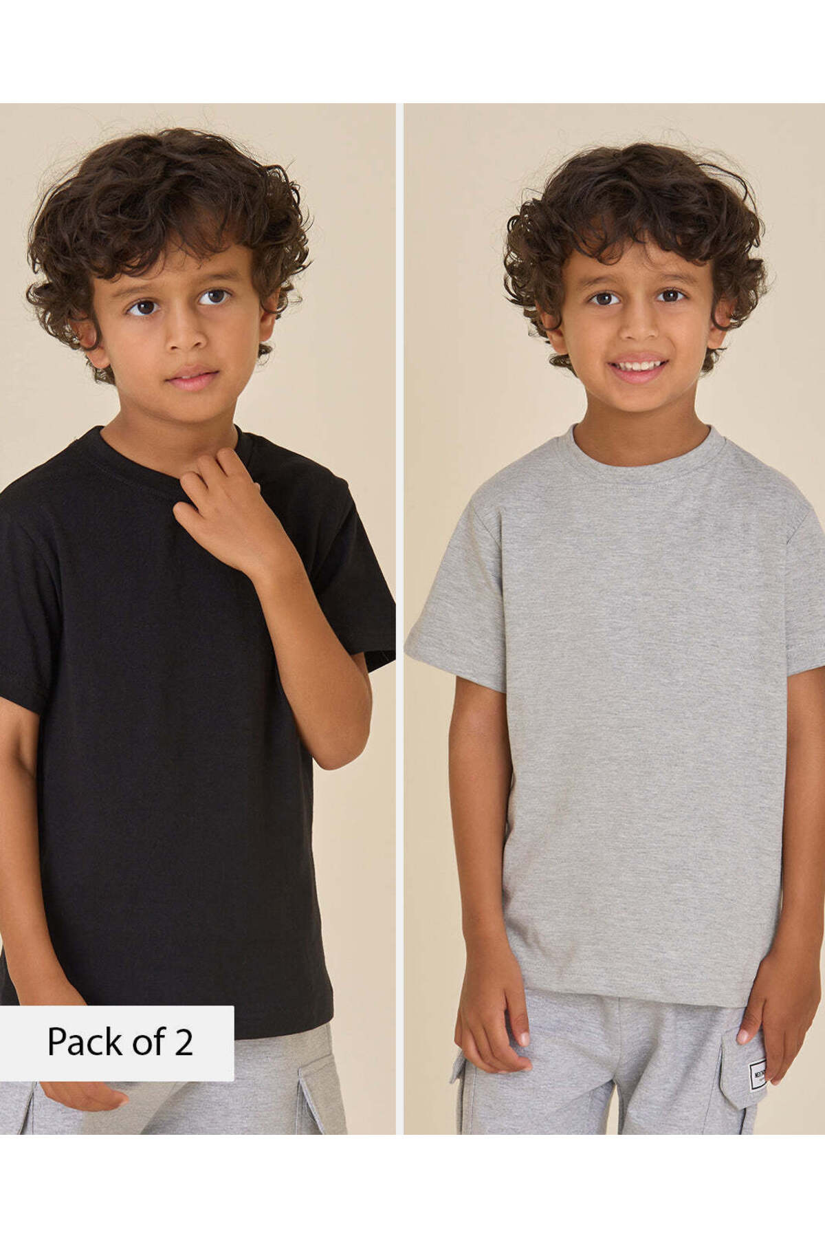 REDTAG Boys Grey Melange & Black 2-Pack Crew Neck T-Shirts