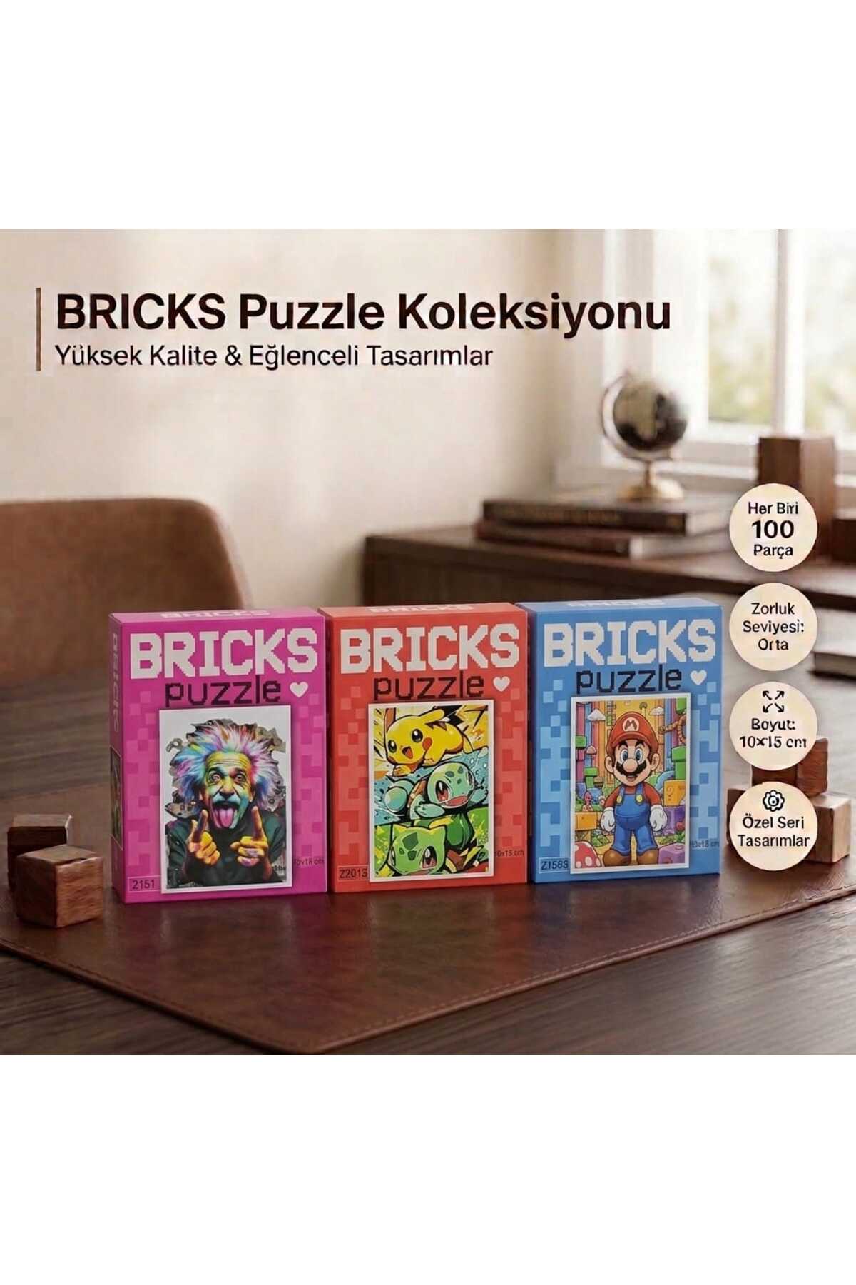 DNZt Bricks Puzzle 3'lü Set 100 Parça Mini Puzzle Eğlenceli Çizgi