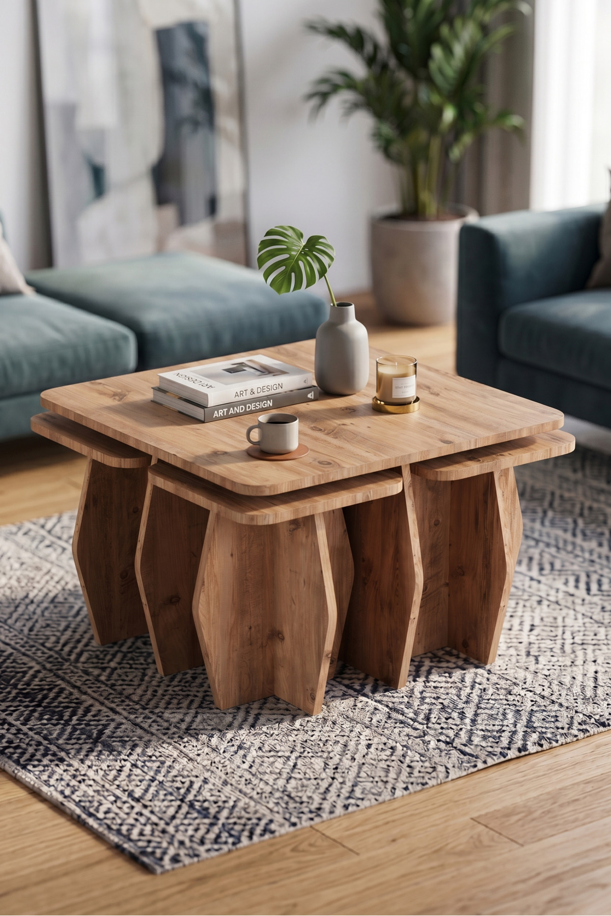 Orta Sehpa Ve Zigon Sehpa 5'li Set Modern Çok Amaçlı Salon Oturma Odası Yan Sehpa 9248 Atlantik Çam görsel 3