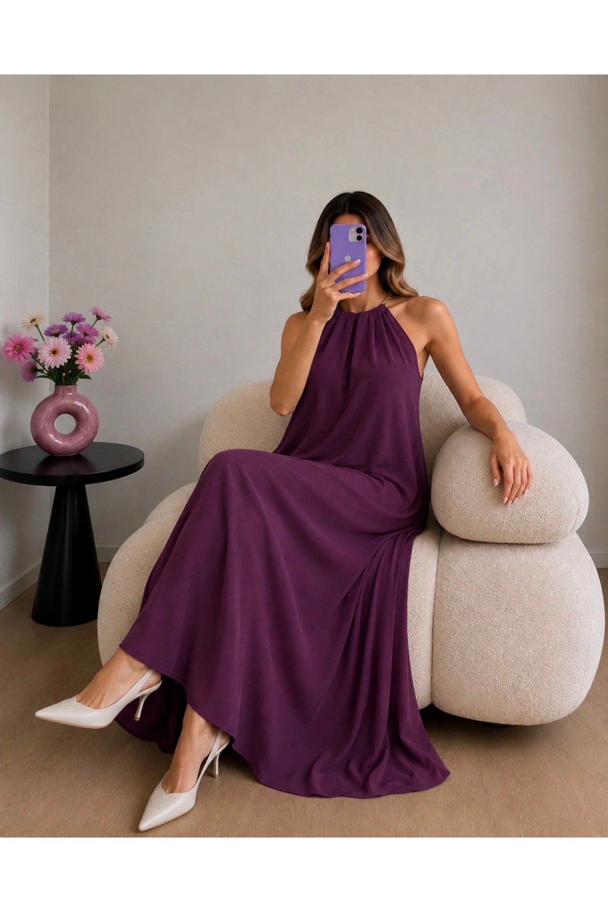 Gold Chain Halter Collar Maxi Dress