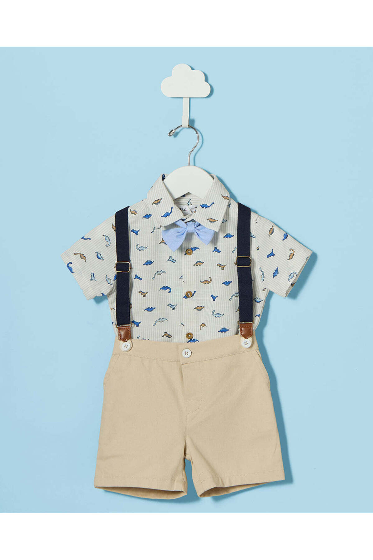 REDTAG Infant Boys White Dino Print Shirt & Suspender Shorts Set