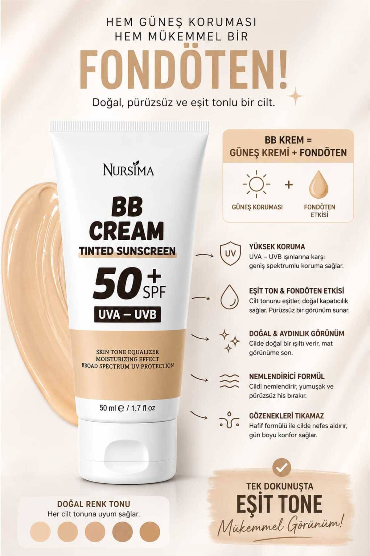 Fondötenli Güneş Kremi SPF 50+ Renkli Ton Eşitleyici UVA UVB Koruyucu — 64743454334 — تصویر 3 از 6