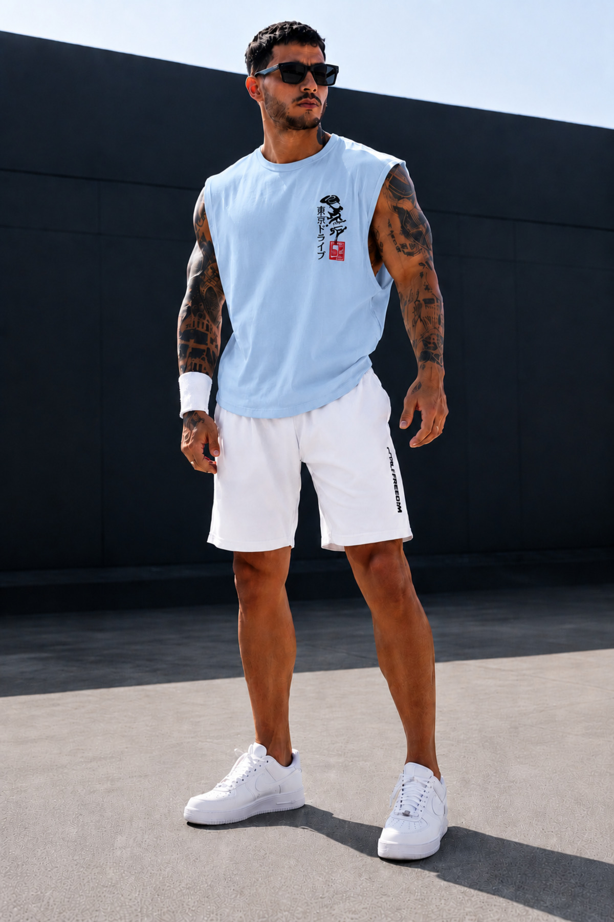 Japanese Text Calligraphy Printed Zero Sleeve Round Crew Neck White T-Shirt