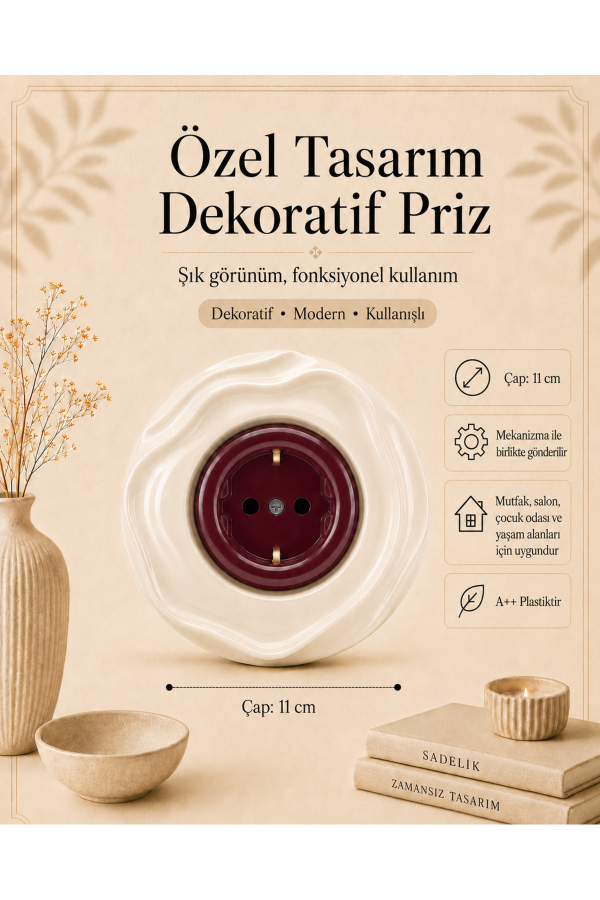 Özel Tasarım Wavy Serisi Dış Krem İç Bordo Dekoratif Priz A Kalite Plastik (Mekanizma Dahildir)