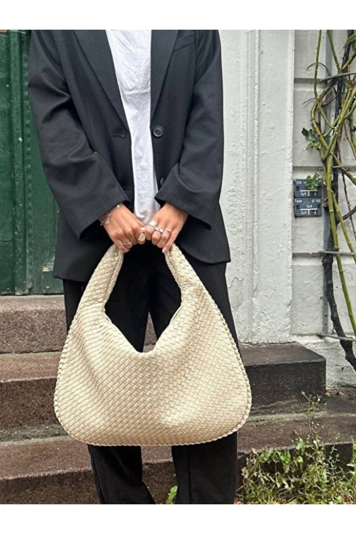 Lena Kadın Örgü Detay Büyük Boy Omuz ve Tote Çanta Günlük Geniş Hacimli