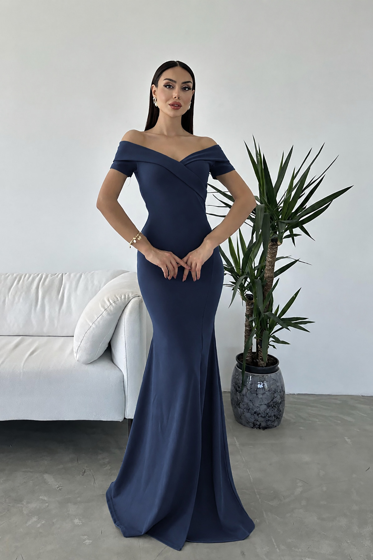 deafox Navy Blue Crepe Fabric Short Sleeve Boat Neck Slit Detail Maxi Length Evening Dress