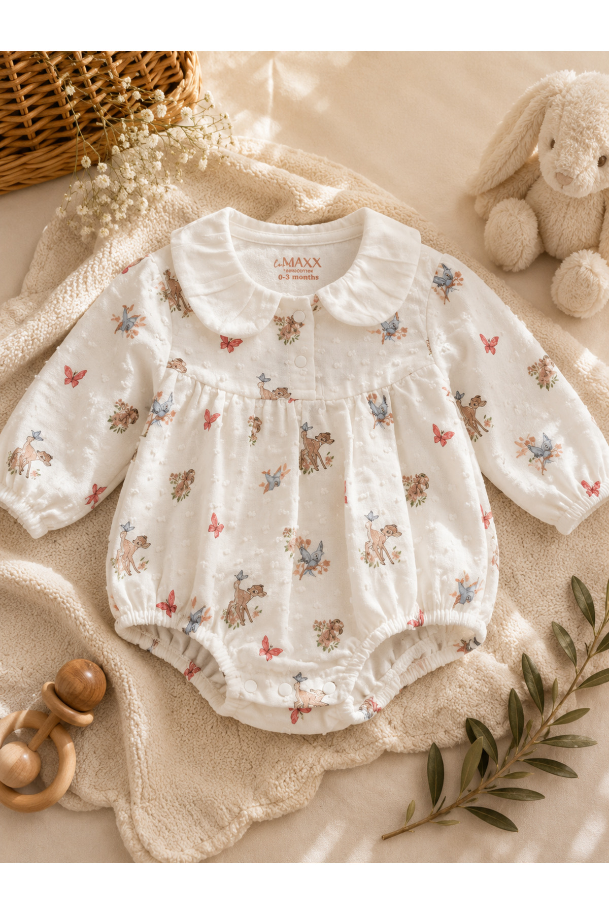 Kız Bebek Bambi Desenli Uzun Kollu Yakalı Body Zıbın
