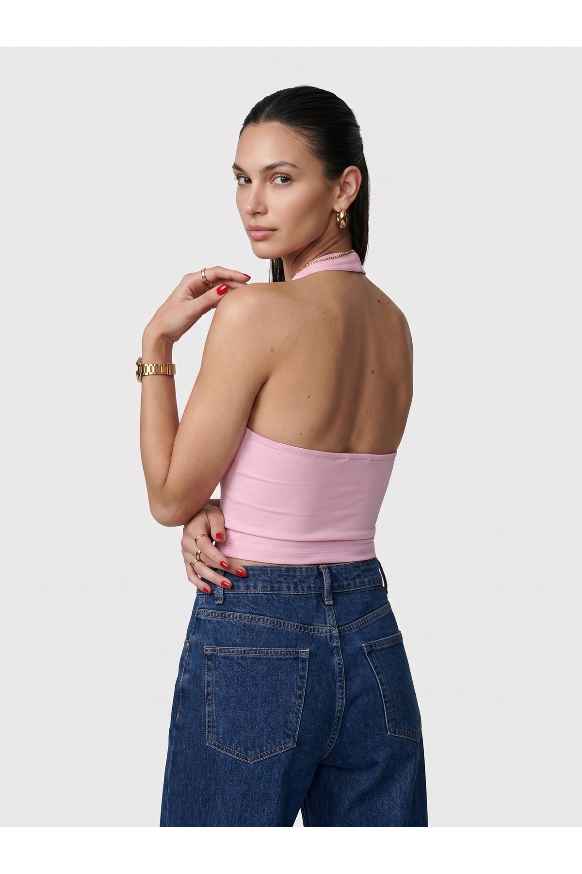 Kadın Halter Yaka Dar Kalıp Sırt Dekolteli Slim Fit Basic Body - Pembe 4