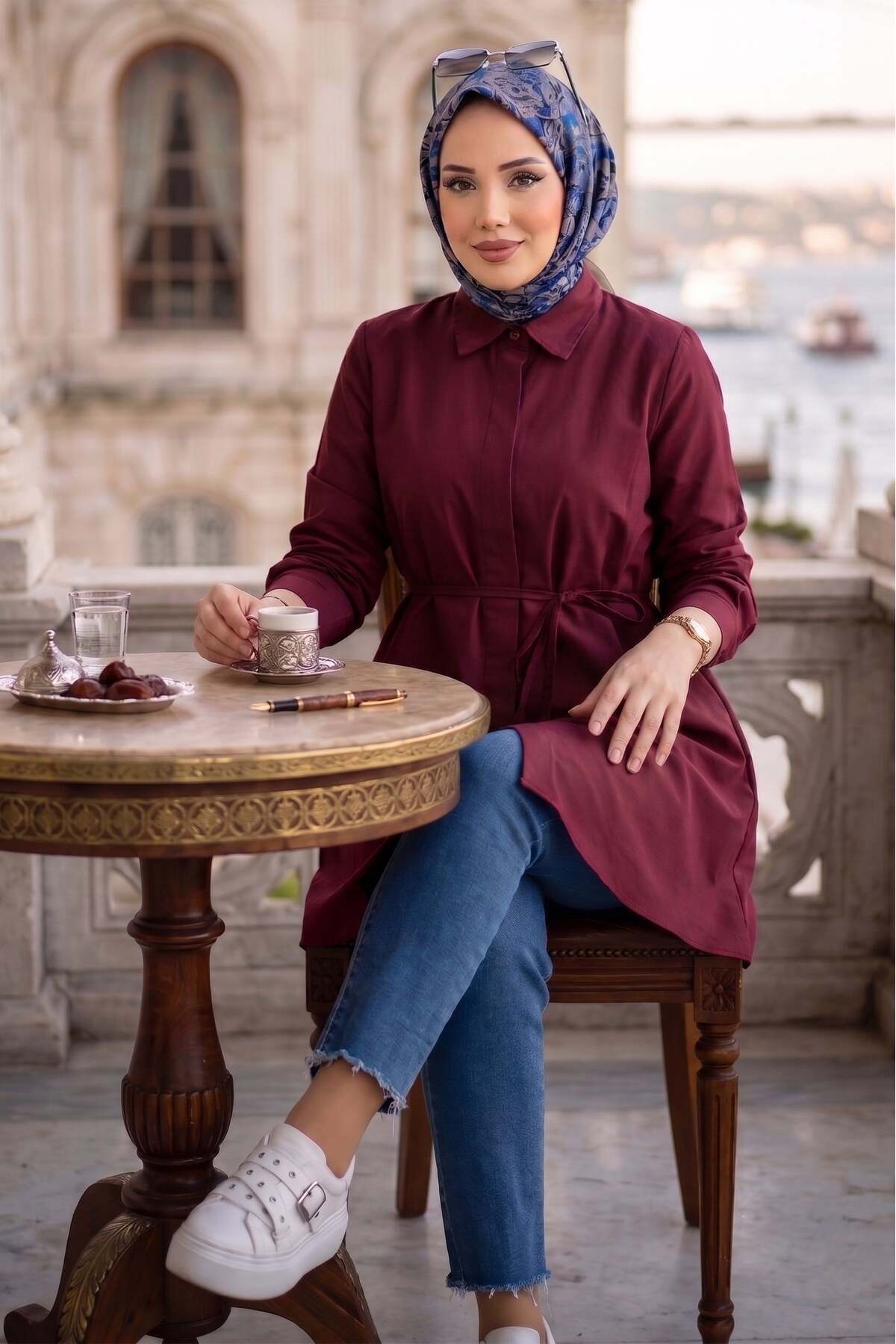 hafsamina Bağlamalı Cepli Tunik Bordo HM2911 görsel 5