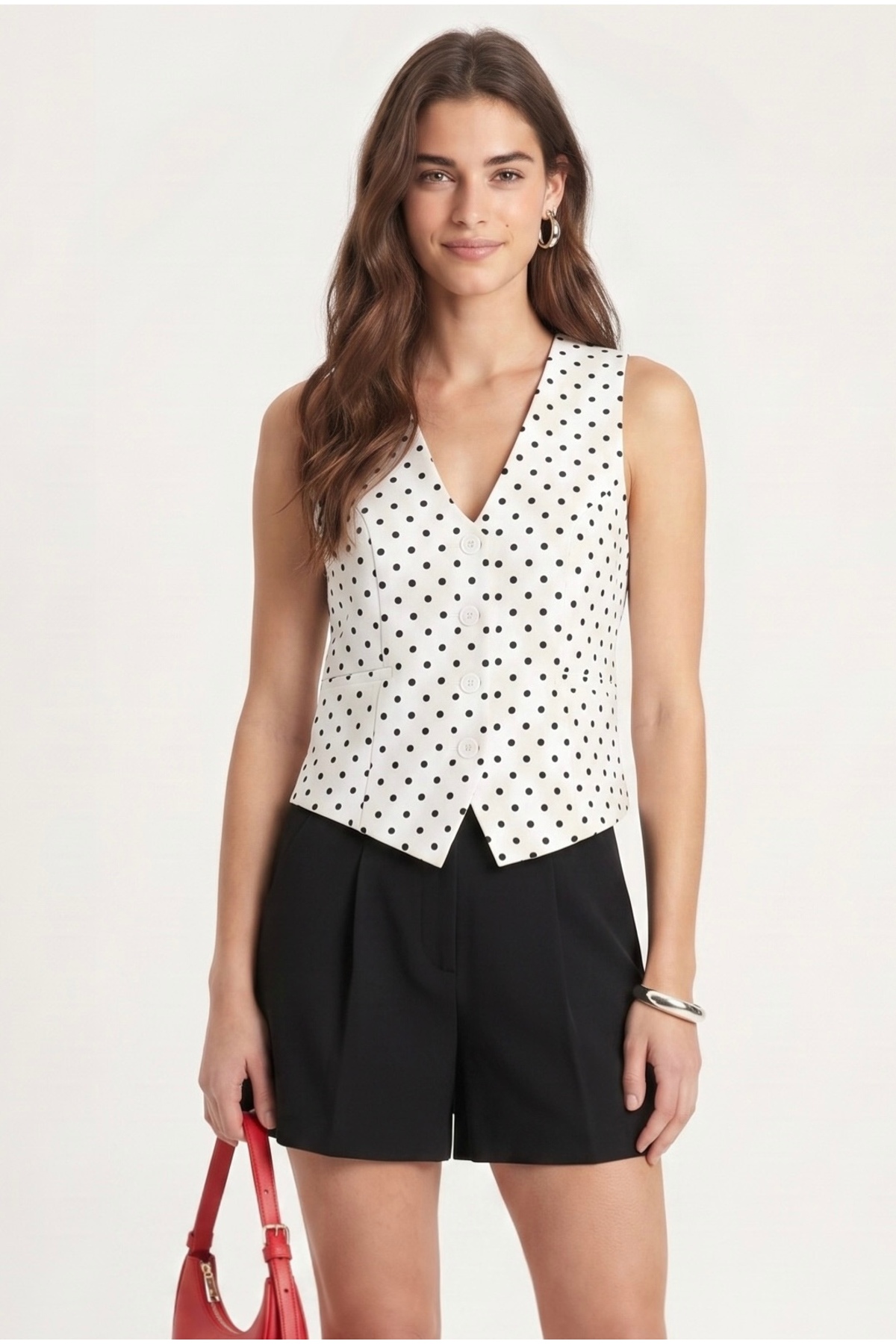 Women's Style Lined Black and White Polka Dot Woven Vest