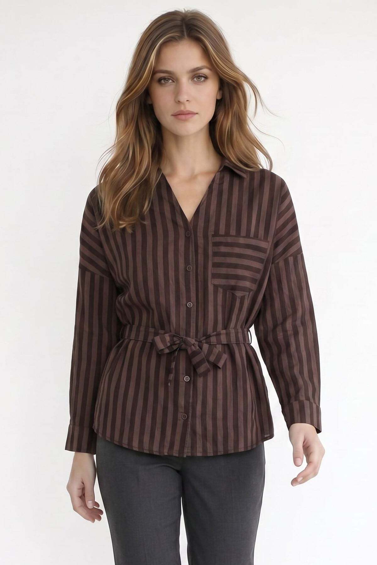 Women's Oversized Wide Cut Long Sleeve Cotton Waist Belted Striped Pocket Brown Shirt