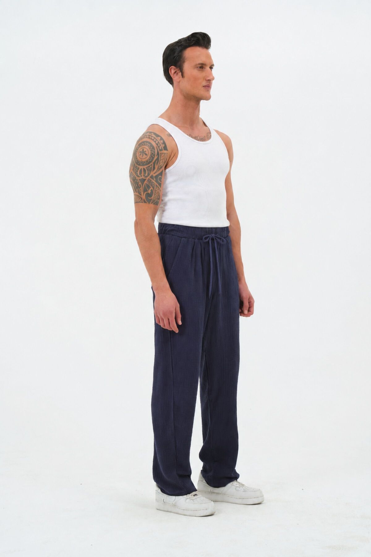 RELAXL 12XL’a Kadar %100 Pamuk Yazlık Müslin Baggy Lacivert Pantolon görsel 3