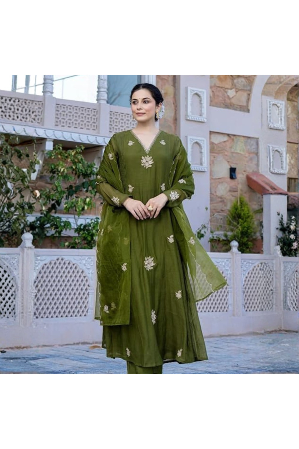MYSMAR Green Embroidered Anarkali Kurta and Pant with Dupatta - ALV2123-Green-Size-L-40-Inches