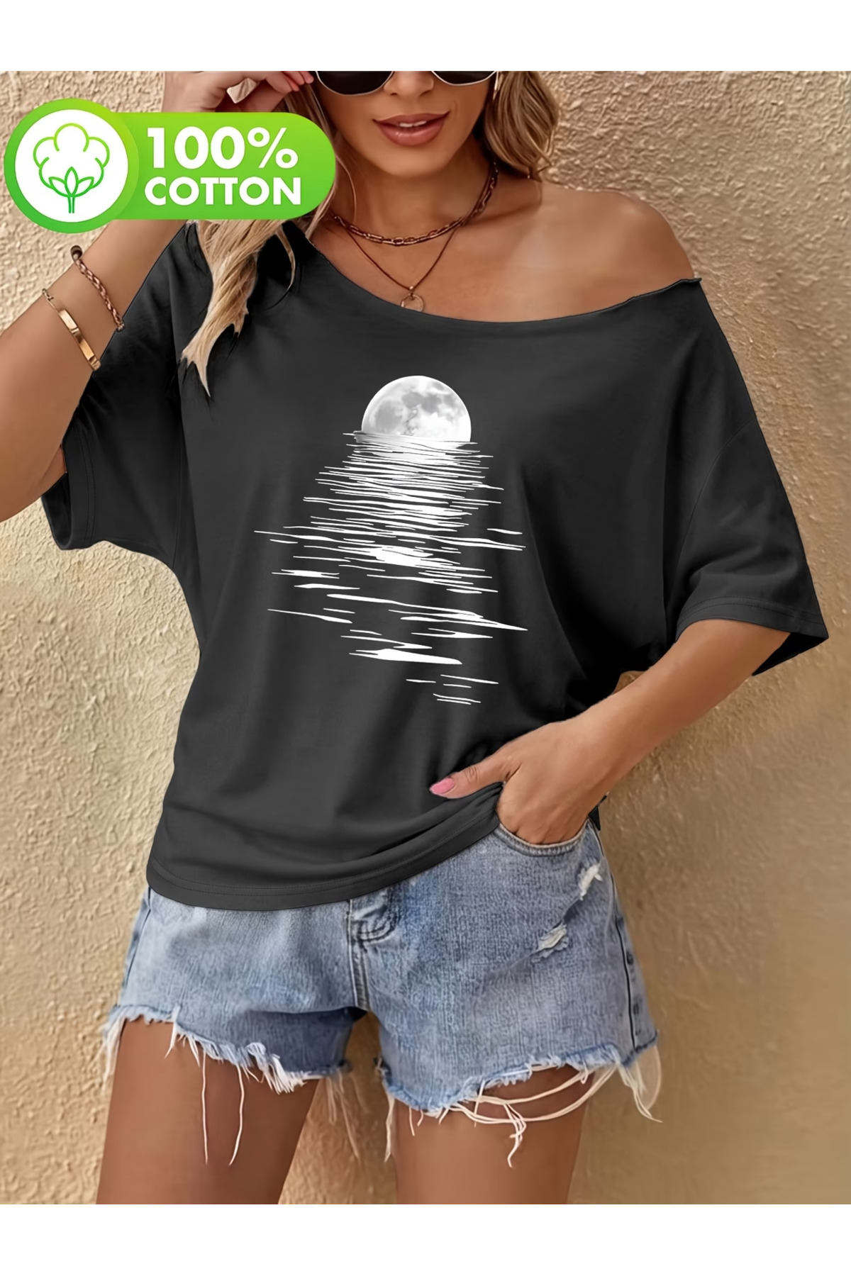OVER HEAD Kadın Dolunay Baskılı Kayık Yaka Düşük Omuz %100 Pamuk T-shirt